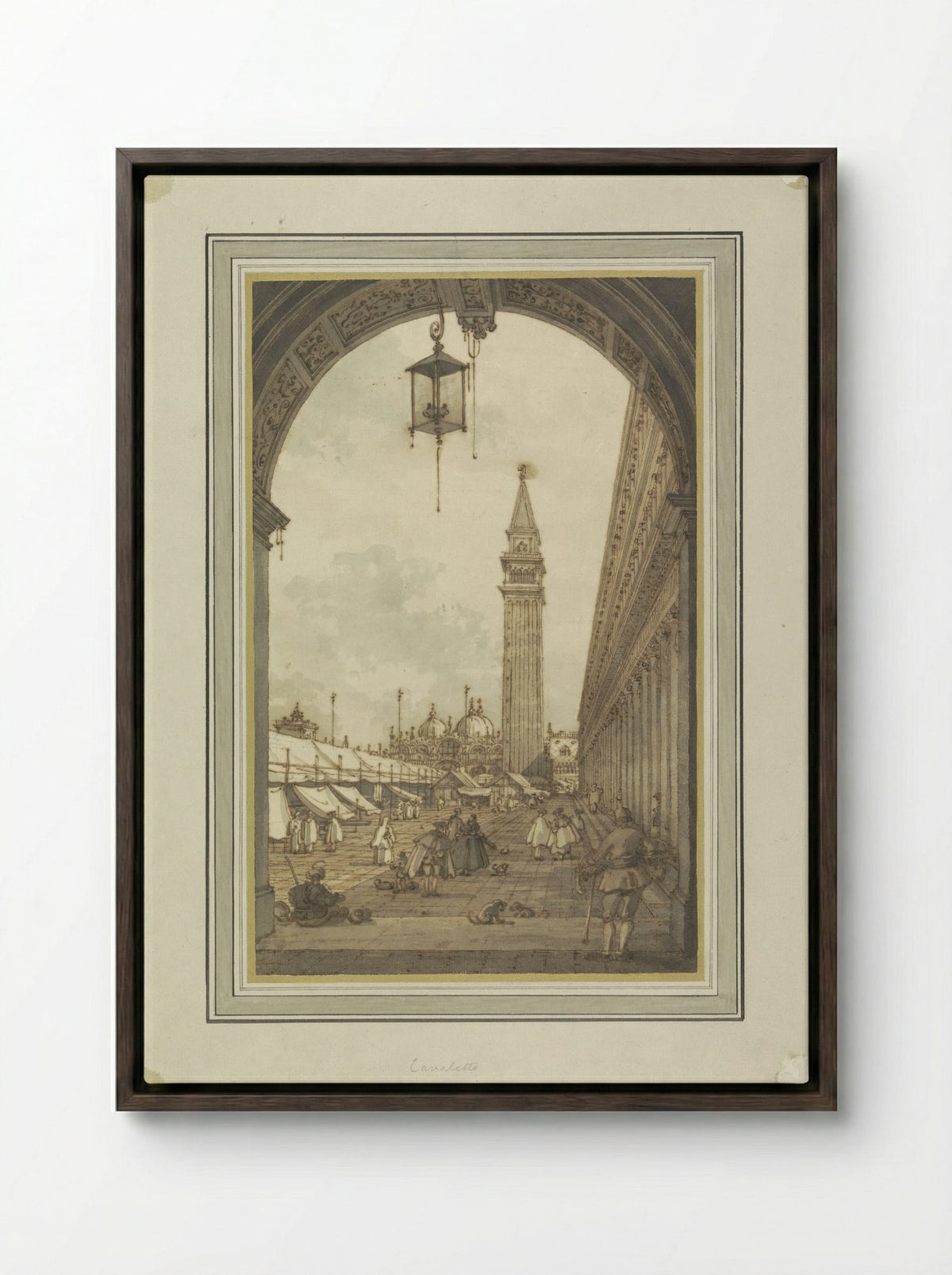 Piazza San Marco, Venice, Seen from the Southwest - Canaletto - Framed Canvas Dark Wood