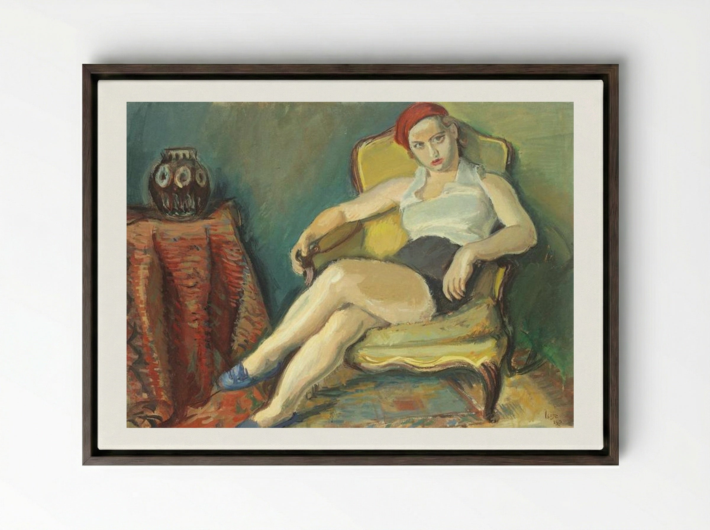 Woman in Yellow Chair - Iosif Iser - Framed Canvas Dark Wood