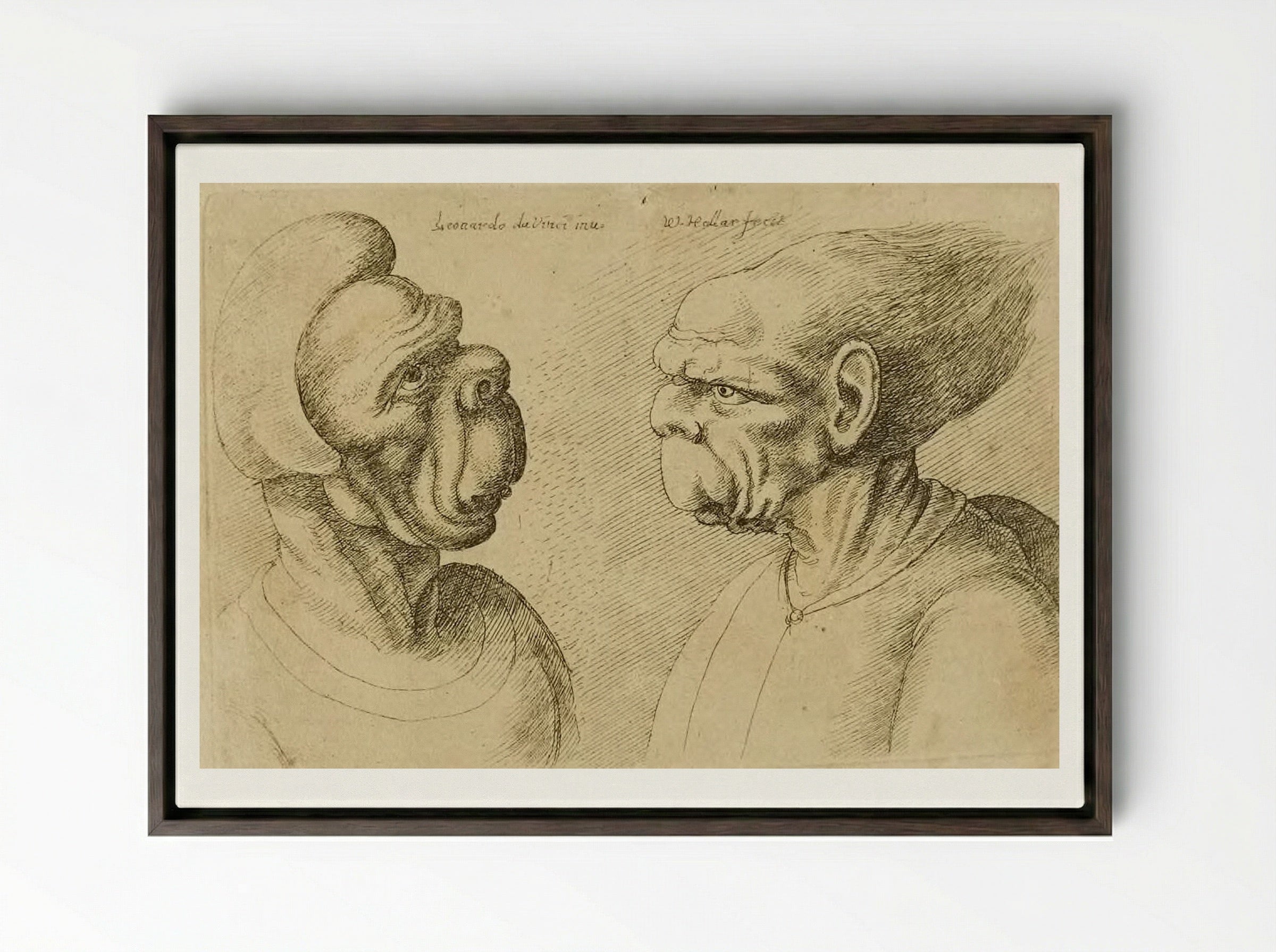 Two Deformed Heads Facing Inward - Wenceslaus Hollar - Framed Canvas Dark Wood