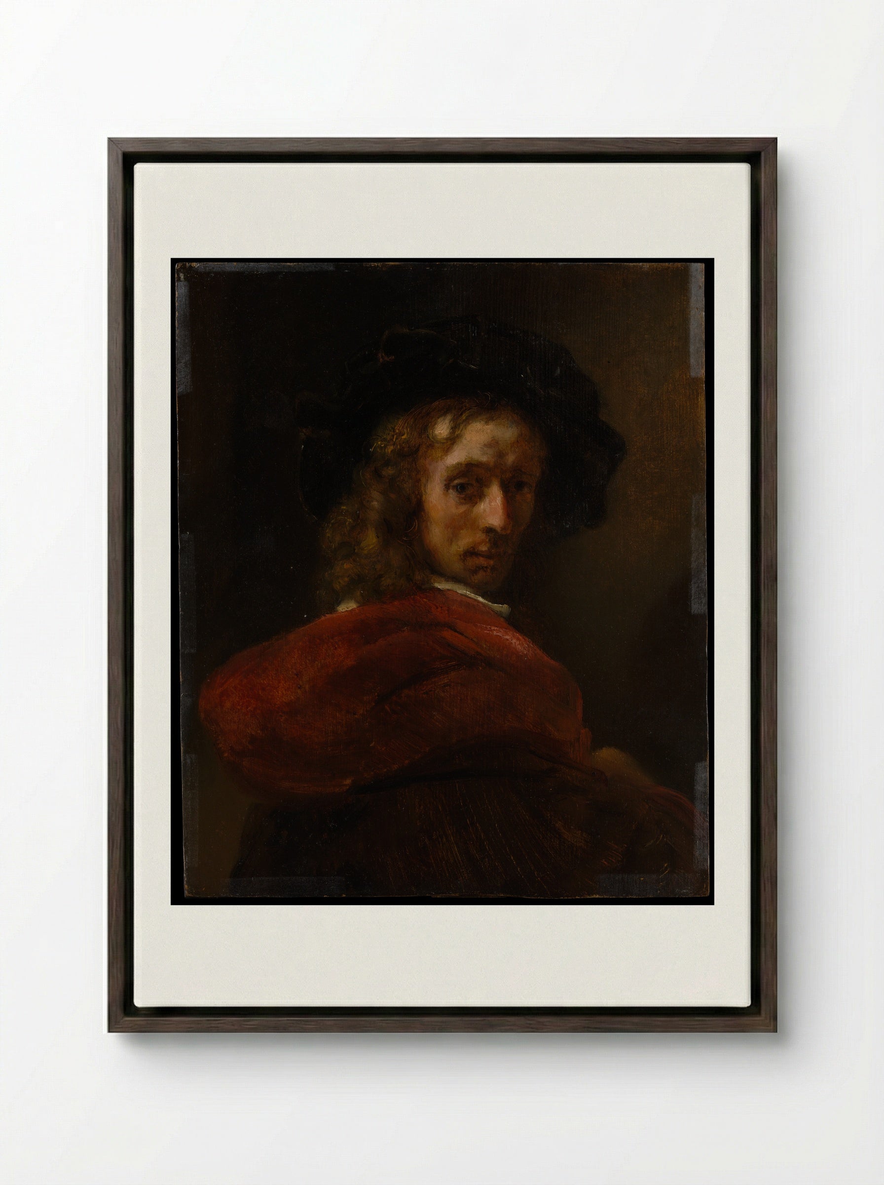 Man in a Red Cloak - Rembrandt van Rijn - Framed Canvas Dark Wood