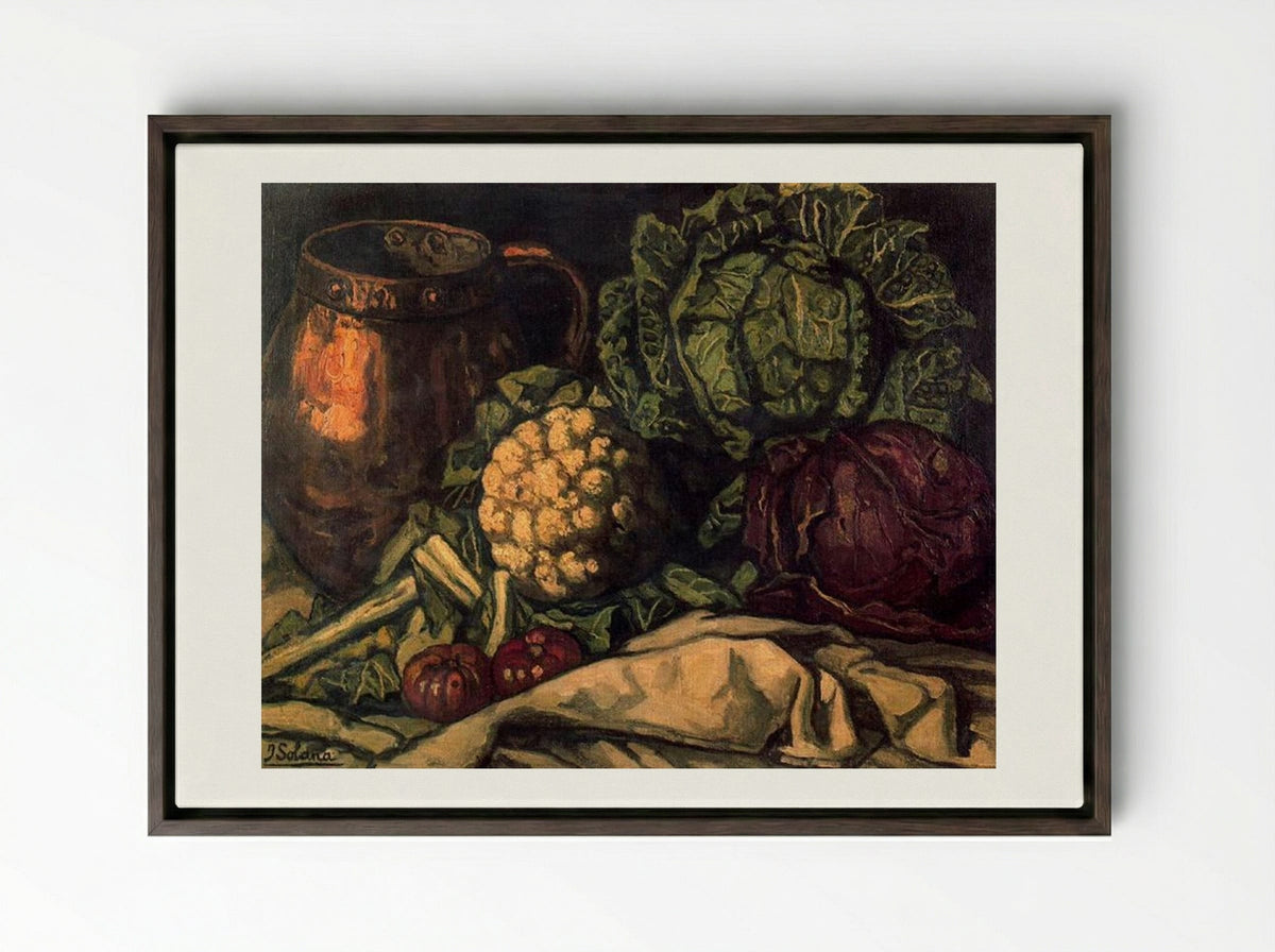 Still Life with Red Cabbage, Copper, Cauliflower and Cabbage - José Gutiérrez Solana - Framed Canvas Dark Wood