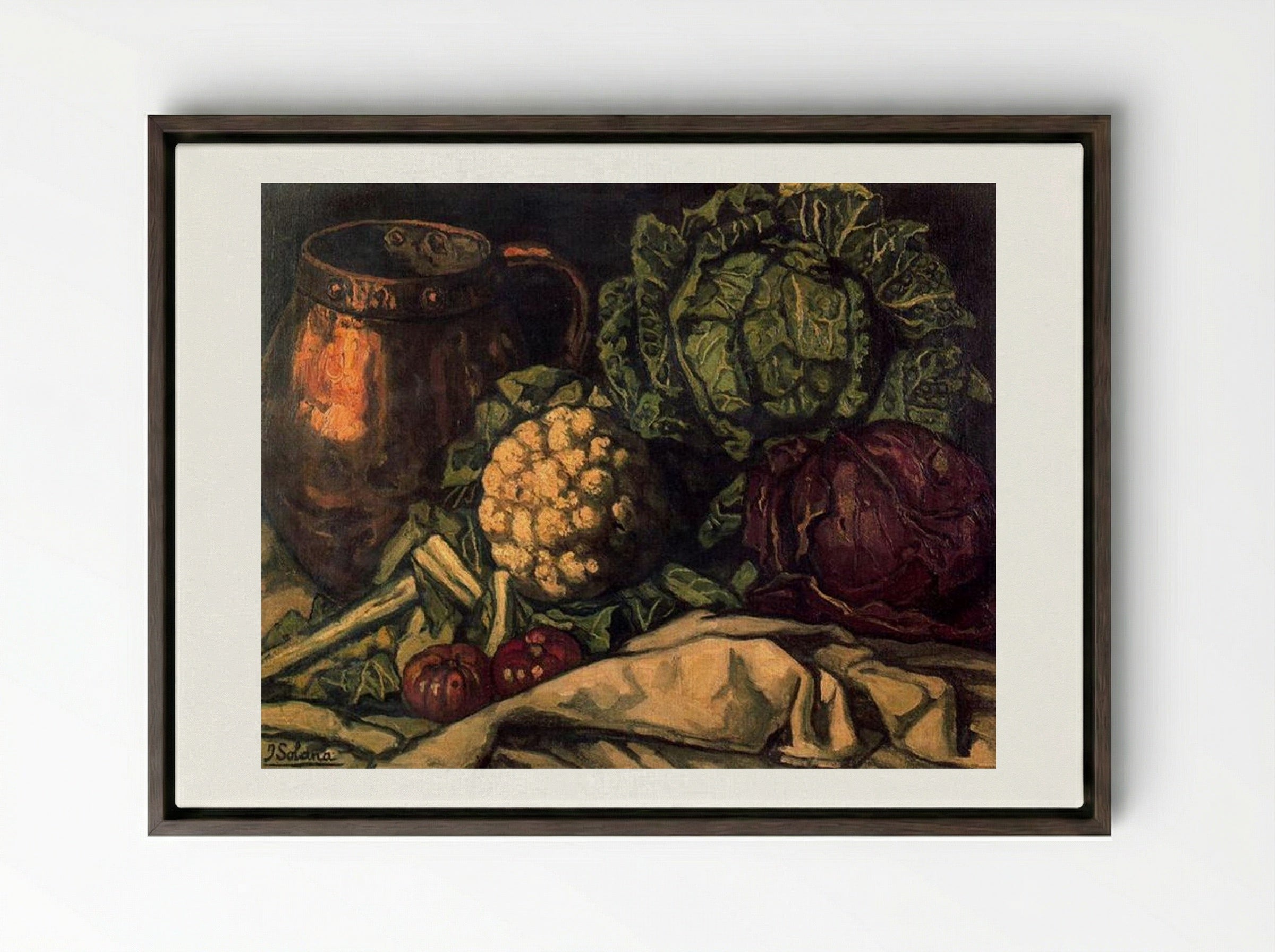 Still Life with Red Cabbage, Copper, Cauliflower and Cabbage - José Gutiérrez Solana - Framed Canvas Dark Wood