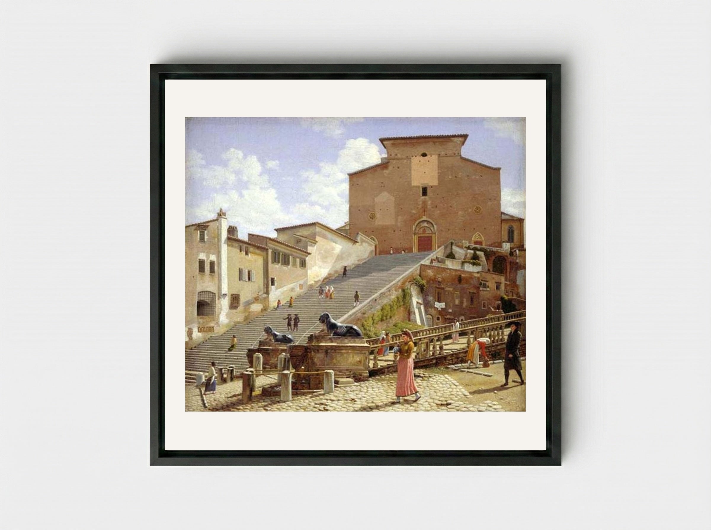 The Marble Staircase Leading to Santa Maria in Aracoeli, Rome - Christoffer Wilhelm Eckersberg - Framed Canvas Black