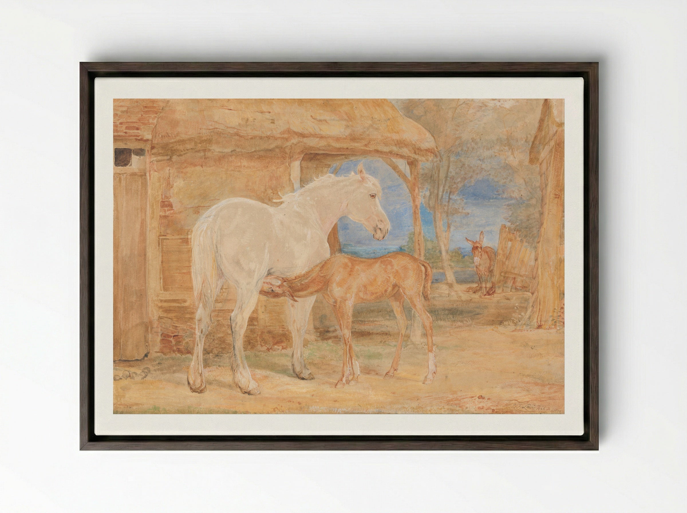 Mare and Foal - John Frederick Lewis - Framed Canvas Dark Wood