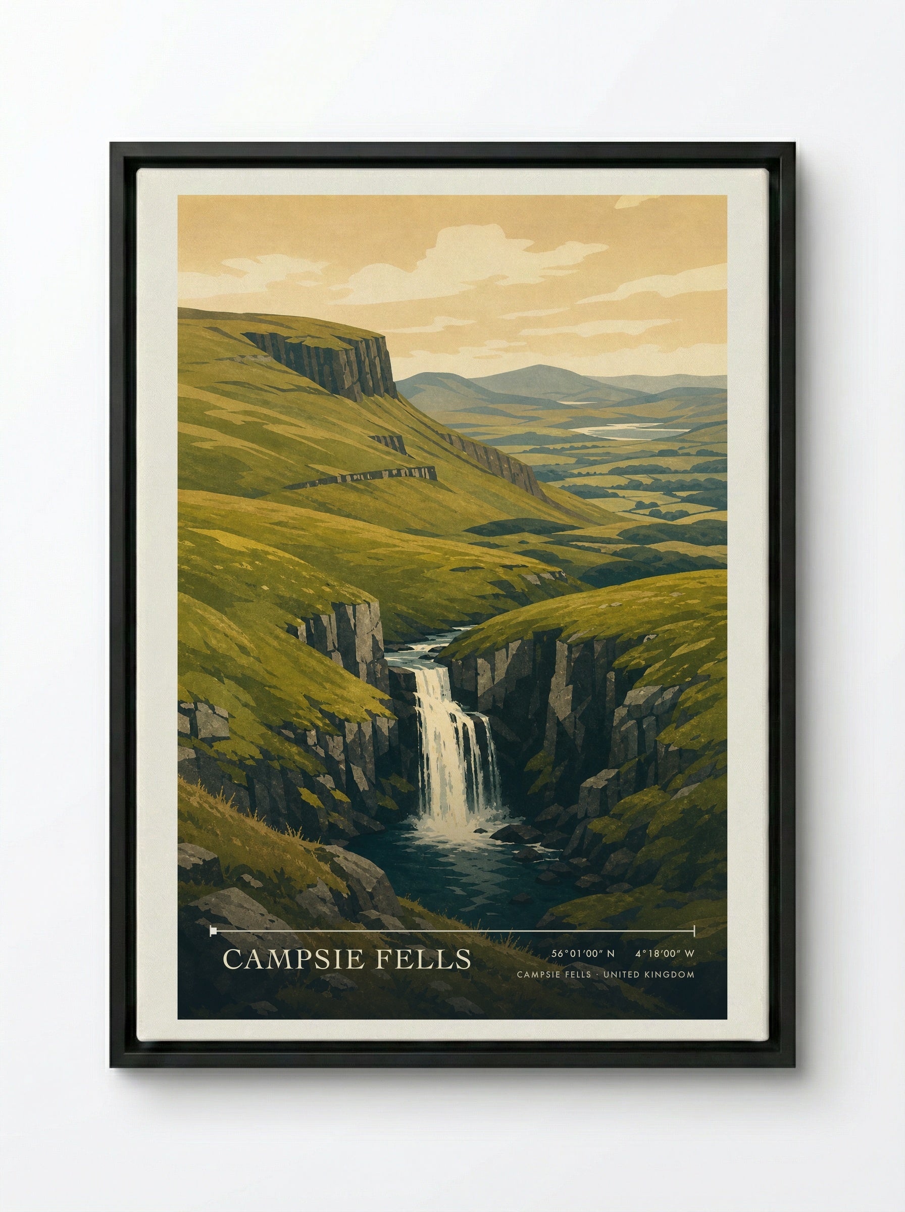 Campsie Fells United Kingdom Travel Poster - Framed Canvas Black