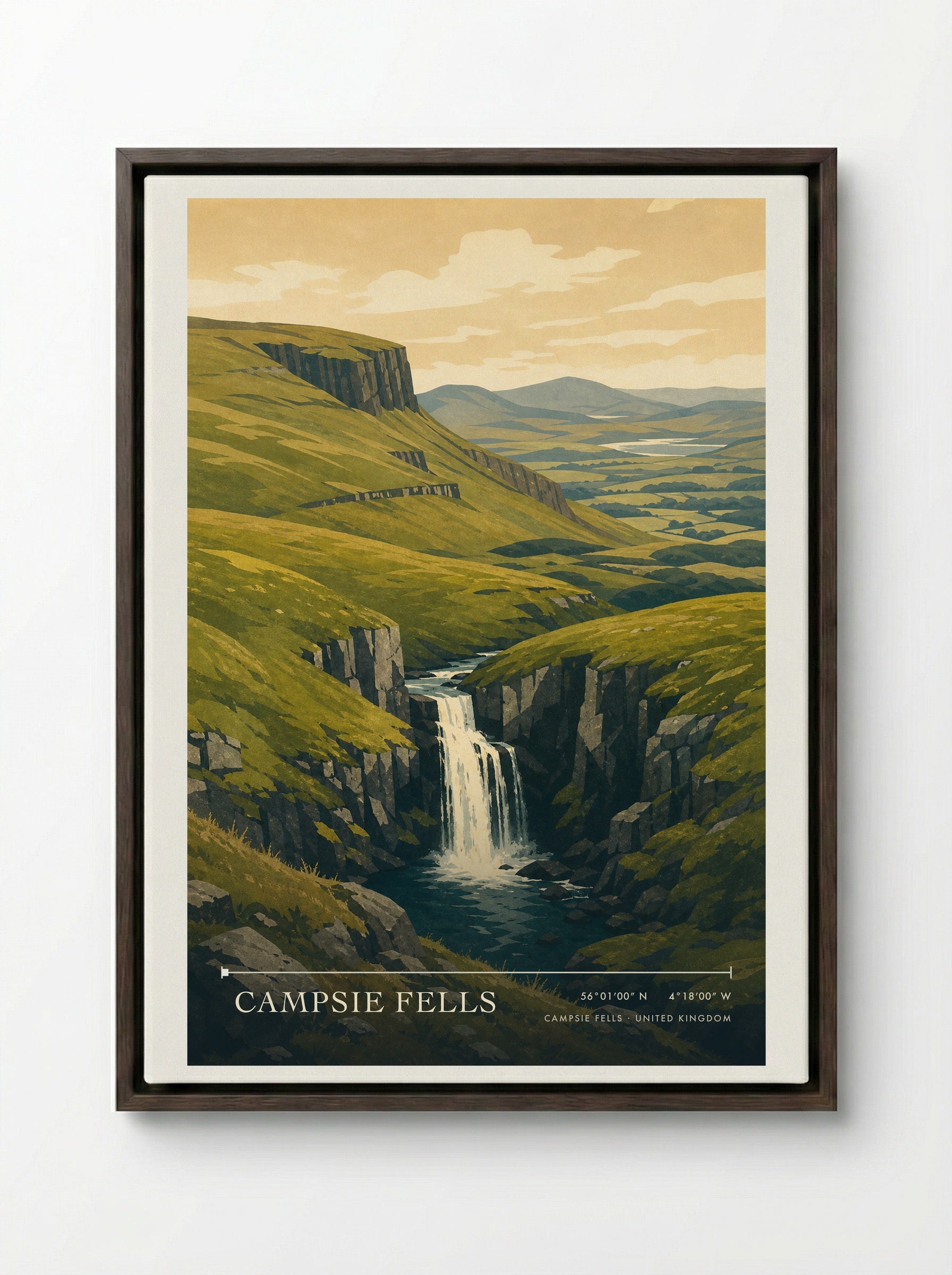 Campsie Fells United Kingdom Travel Poster - Framed Canvas Dark Wood