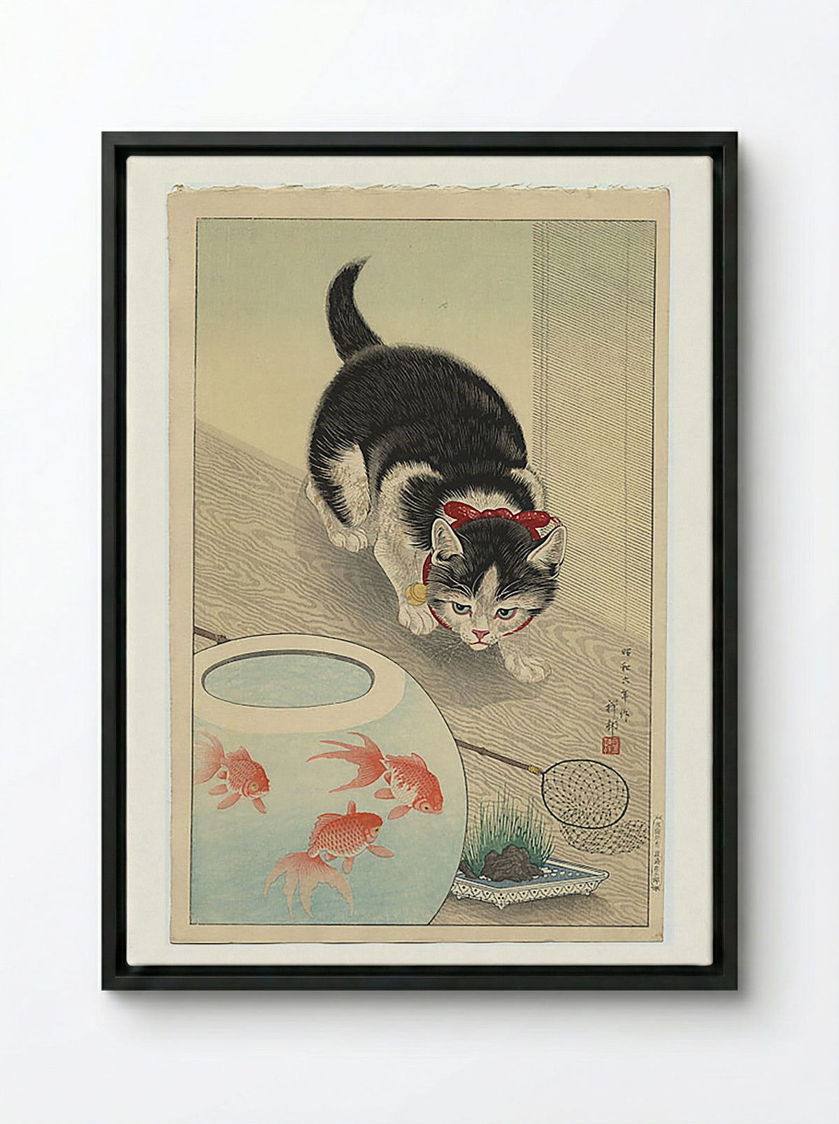 Cat and Bowl of Goldfish - Utagawa Kuniyoshi - Framed Canvas Black