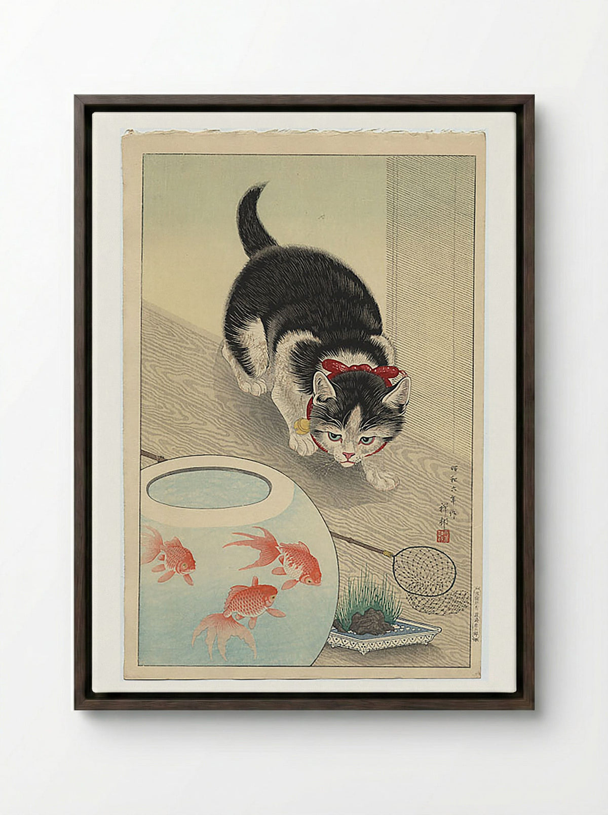 Cat and Bowl of Goldfish - Utagawa Kuniyoshi - Framed Canvas Dark Wood