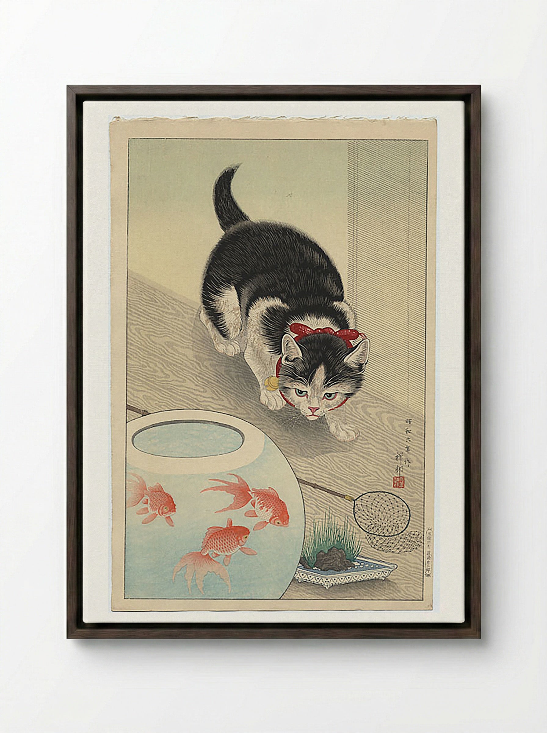 Cat and Bowl of Goldfish - Utagawa Kuniyoshi - Framed Canvas Dark Wood