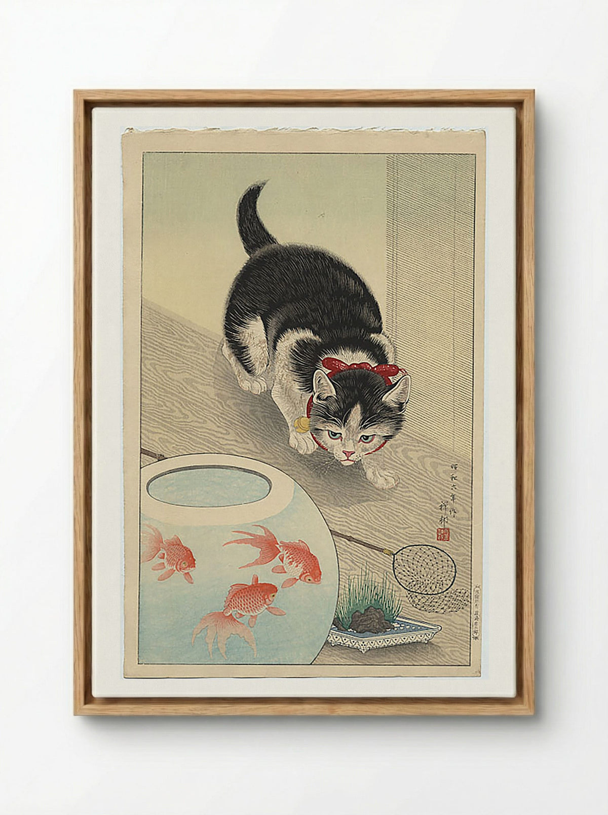 Cat and Bowl of Goldfish - Utagawa Kuniyoshi - Framed Canvas Wood