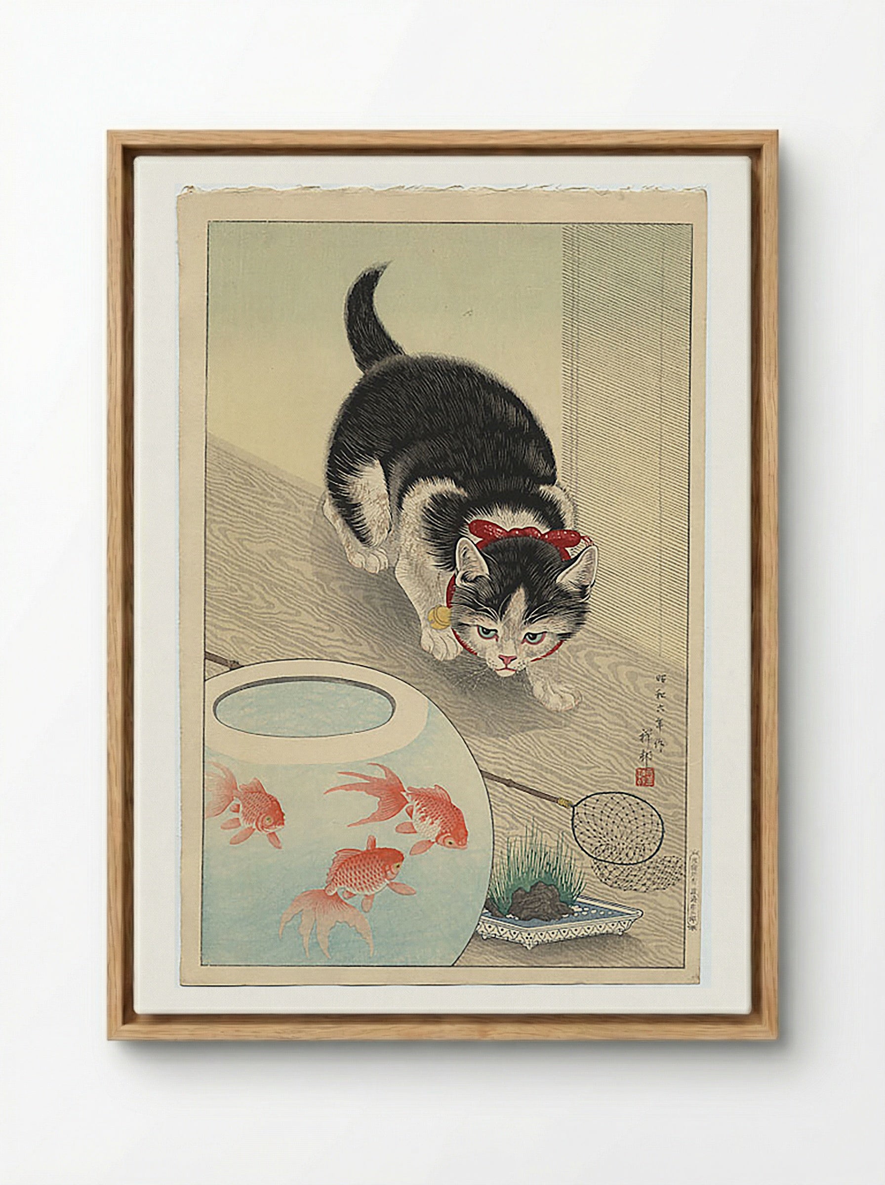 Cat and Bowl of Goldfish - Utagawa Kuniyoshi - Framed Canvas Wood