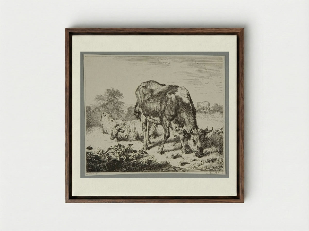 Ox and Three Sheep - Louis Dujardin - Framed Canvas Dark Wood