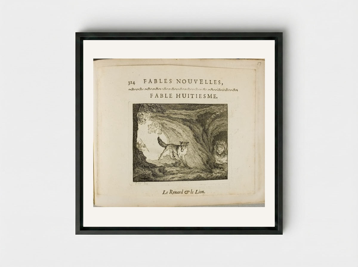 The Fox and the Lion - Claude Gillot - Framed Canvas Black