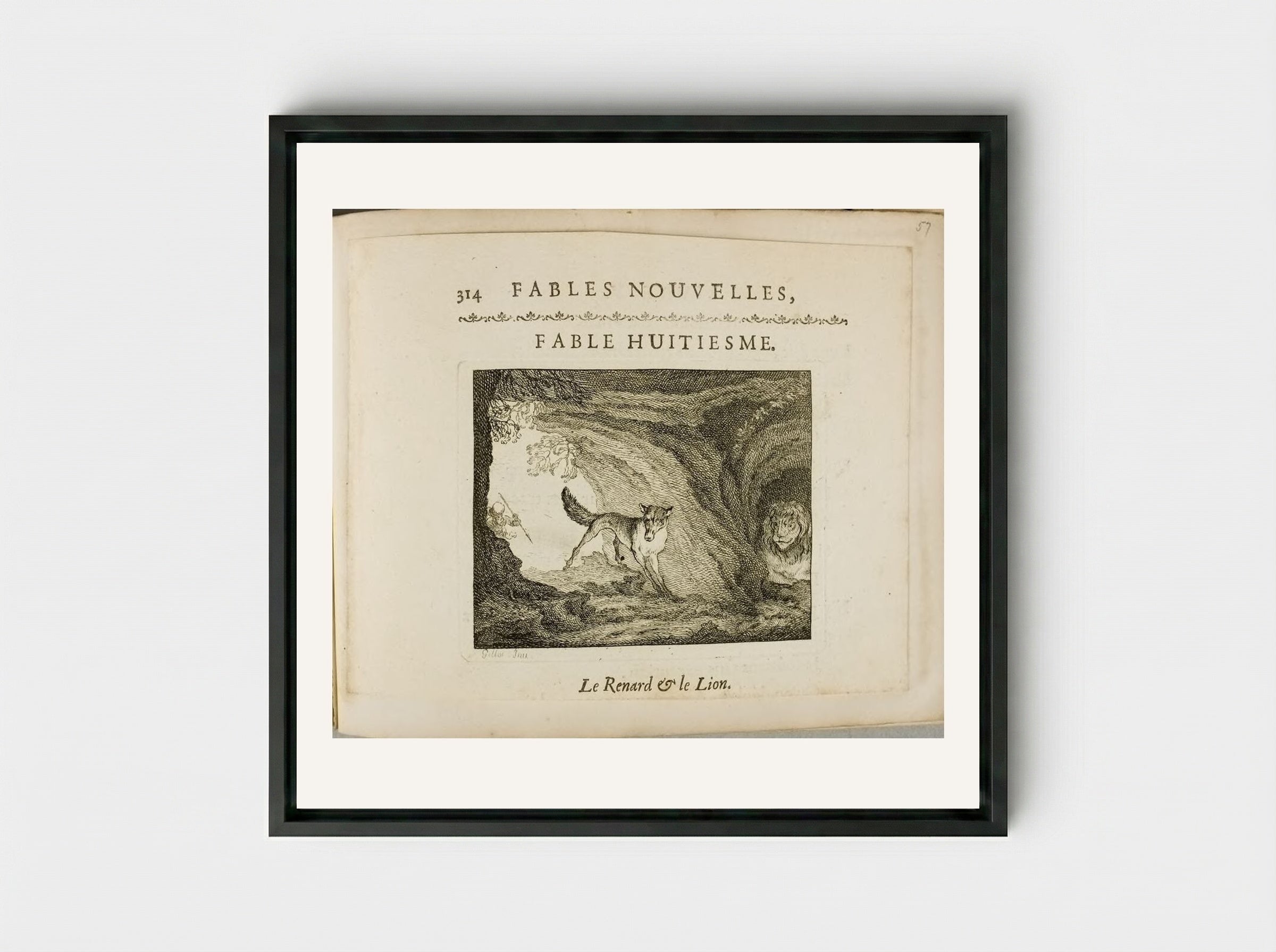 The Fox and the Lion - Claude Gillot - Framed Canvas Black