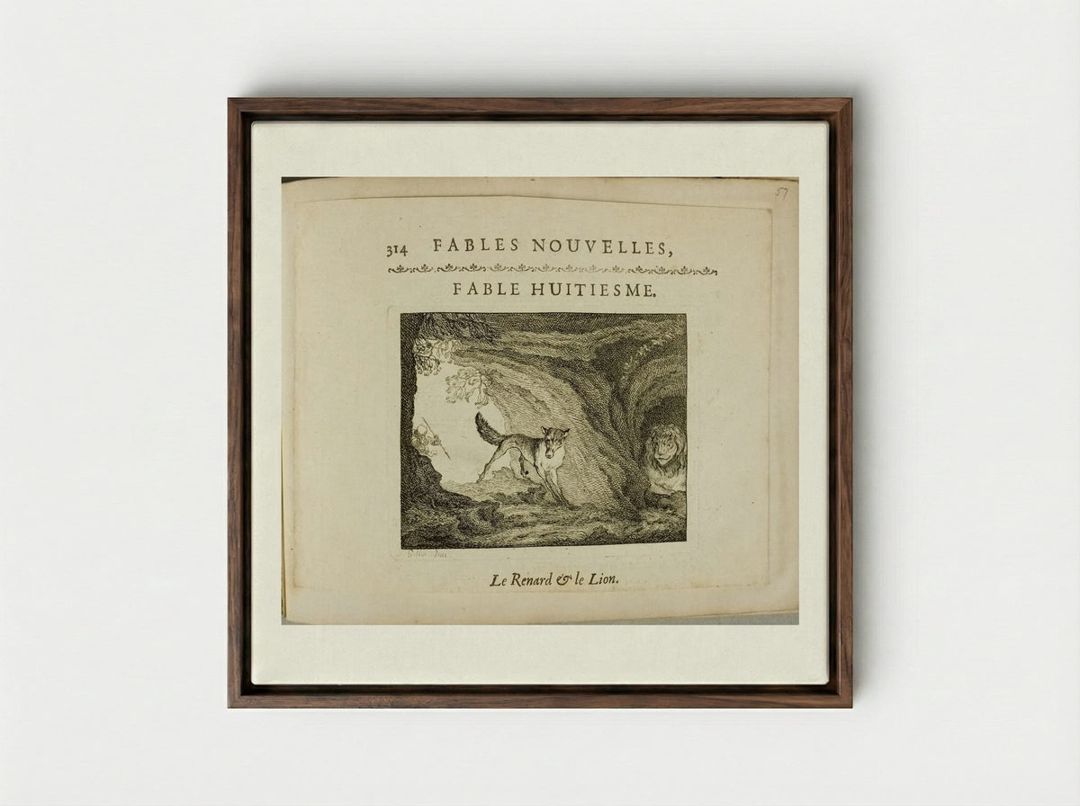 The Fox and the Lion - Claude Gillot - Framed Canvas Dark Wood