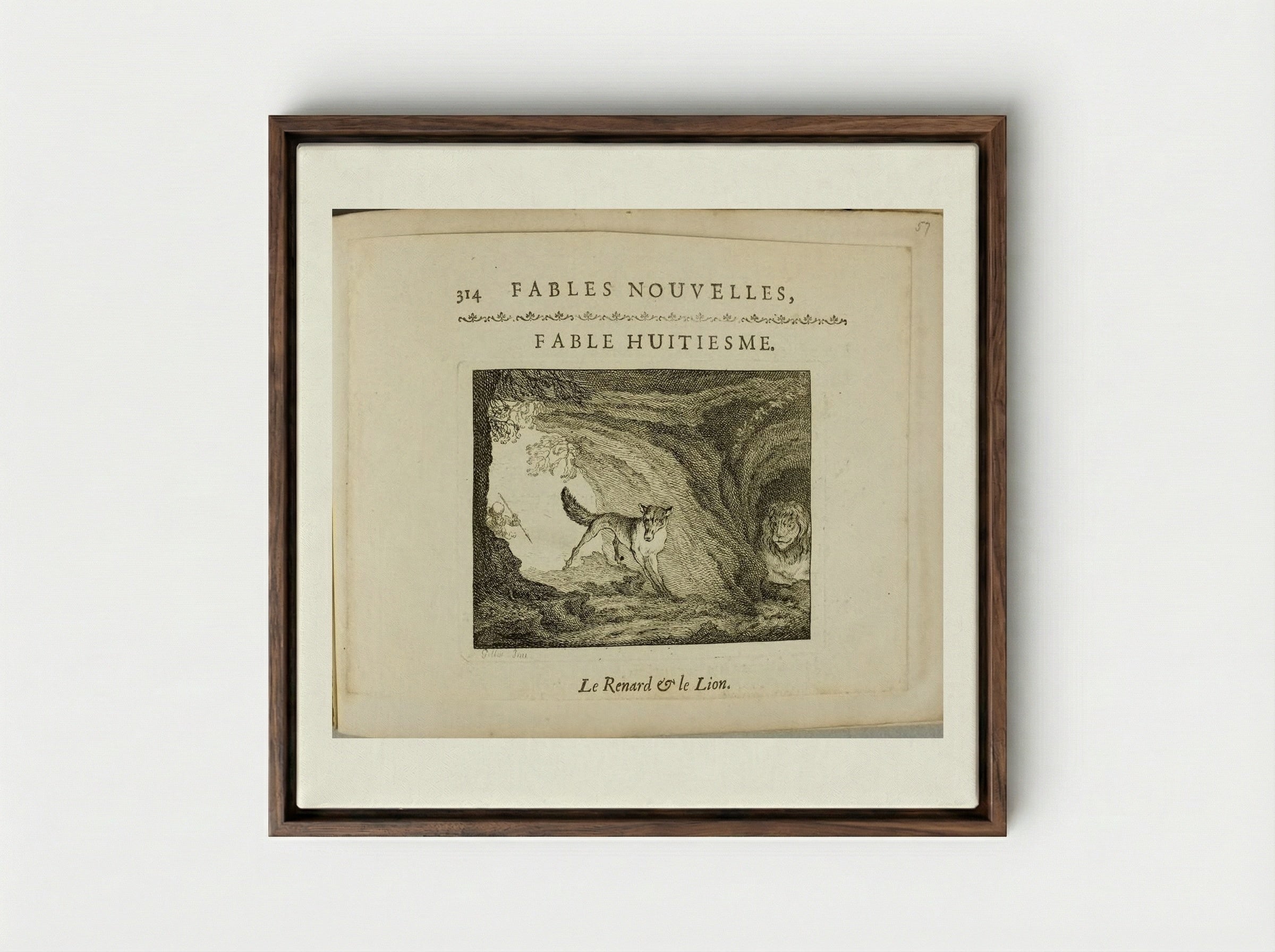 The Fox and the Lion - Claude Gillot - Framed Canvas Dark Wood