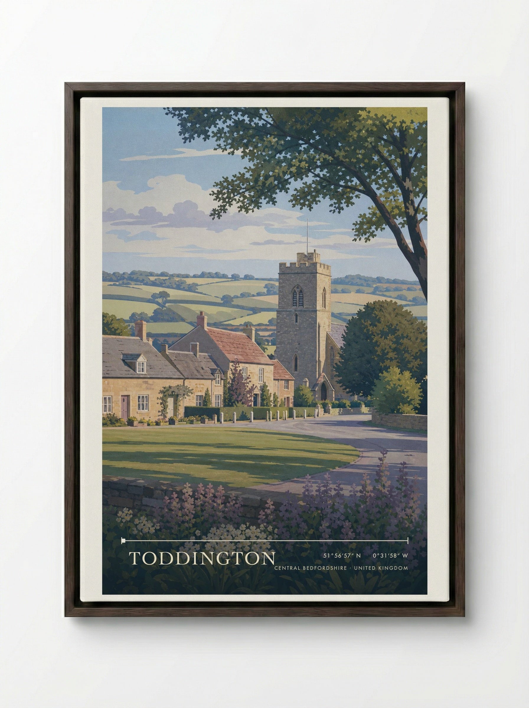 Toddington Central Bedfordshire United Kingdom Travel Poster - Framed Canvas Dark Wood