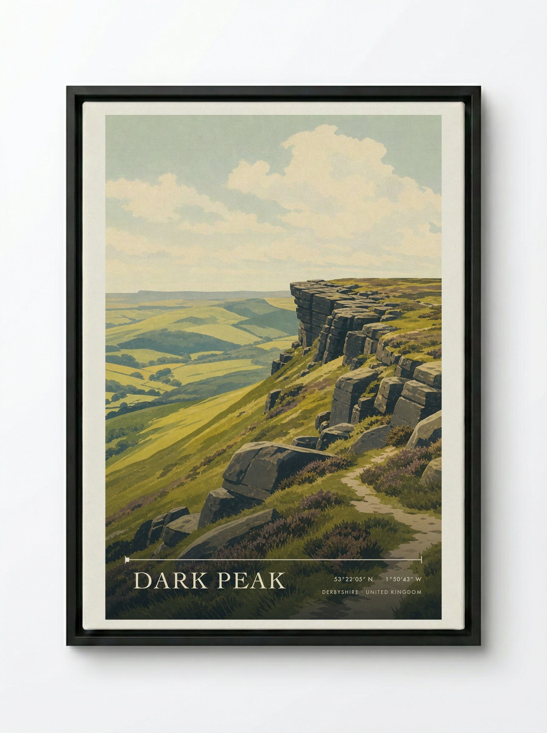 Dark Peak Derbyshire United Kingdom Travel Poster - Framed Canvas Black