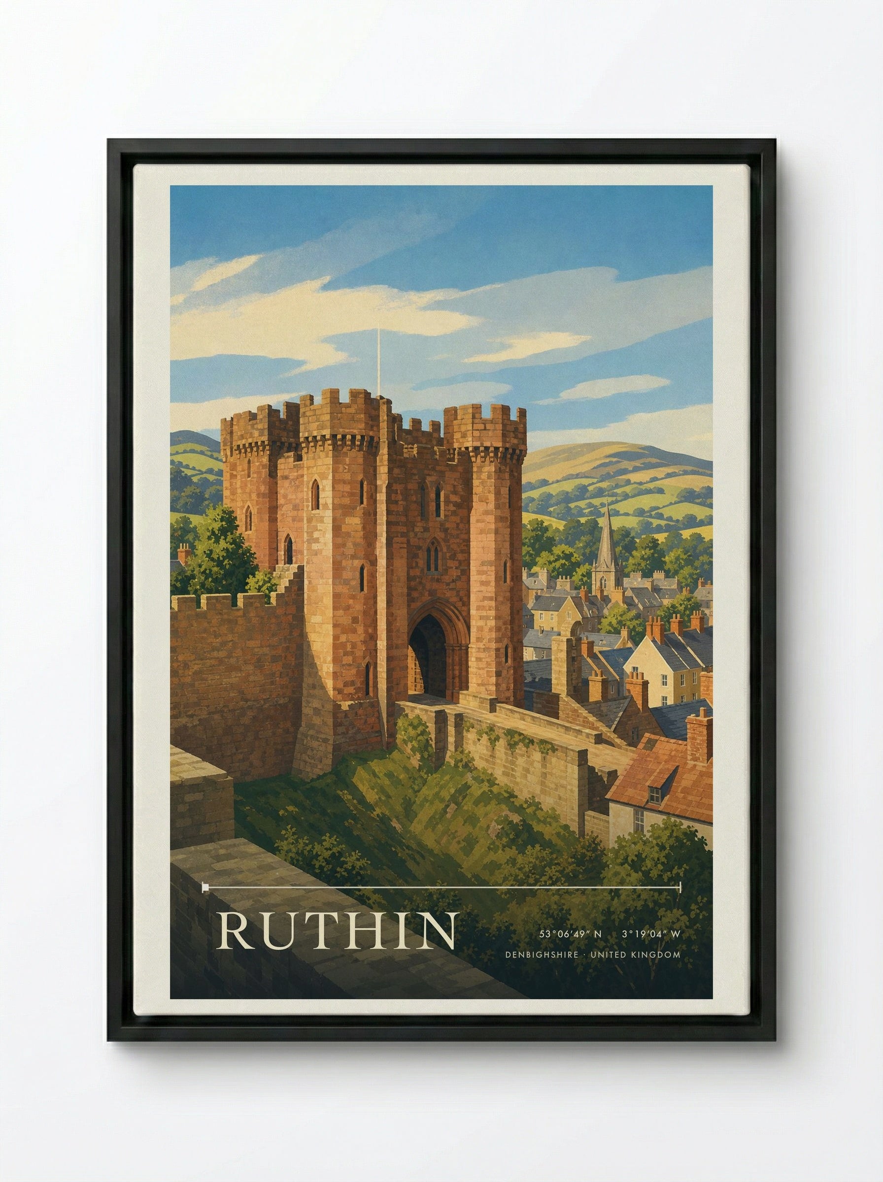 Ruthin Denbighshire United Kingdom Travel Poster - Framed Canvas Black