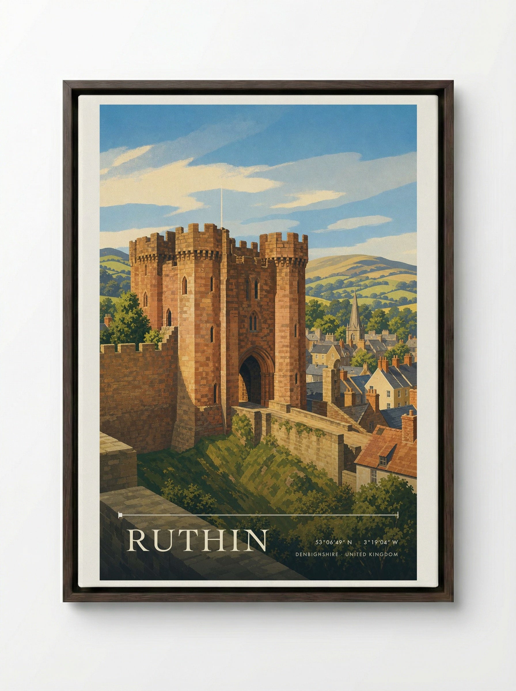 Ruthin Denbighshire United Kingdom Travel Poster - Framed Canvas Dark Wood