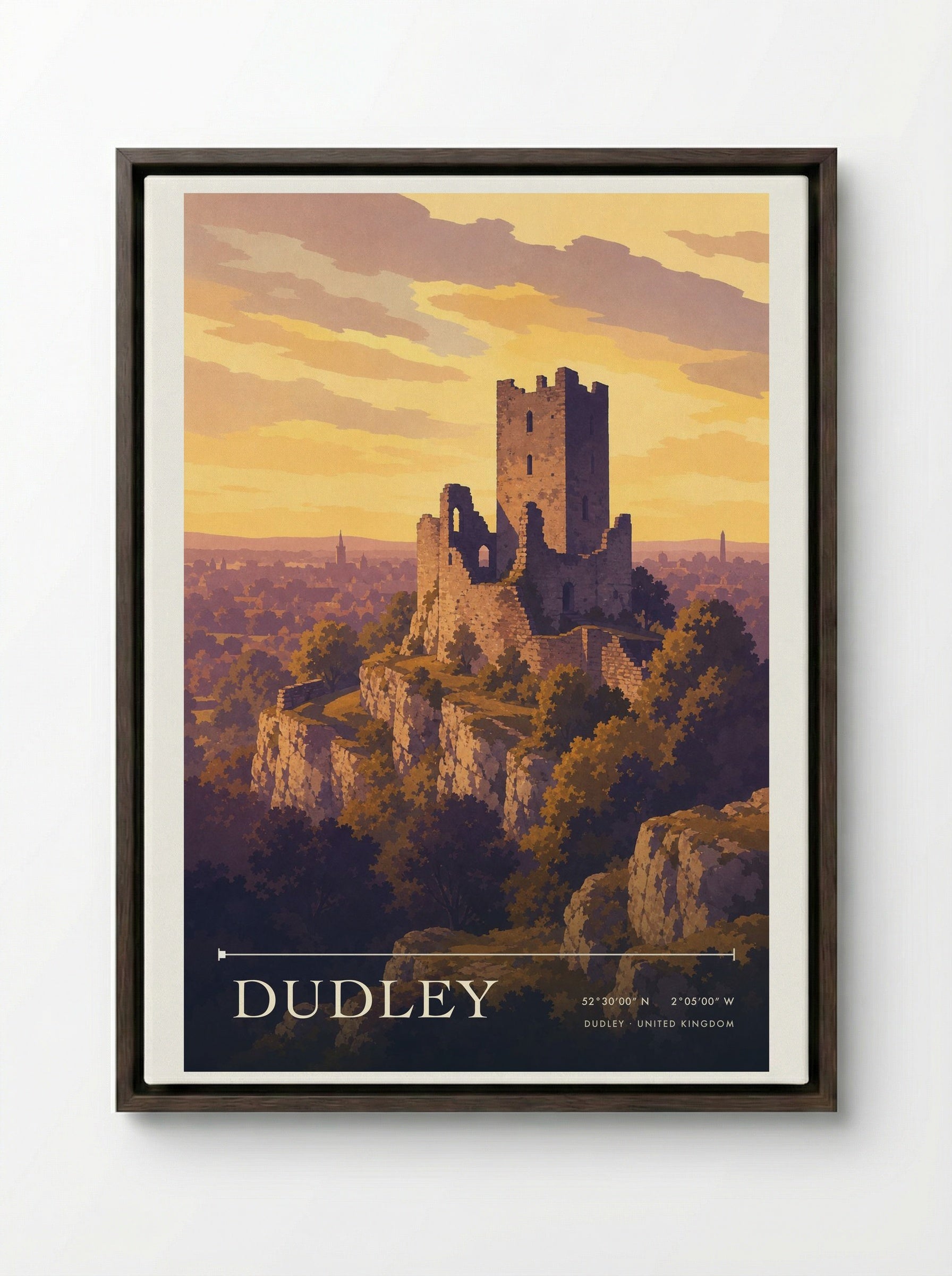Dudley United Kingdom Travel Poster - Framed Canvas Dark Wood