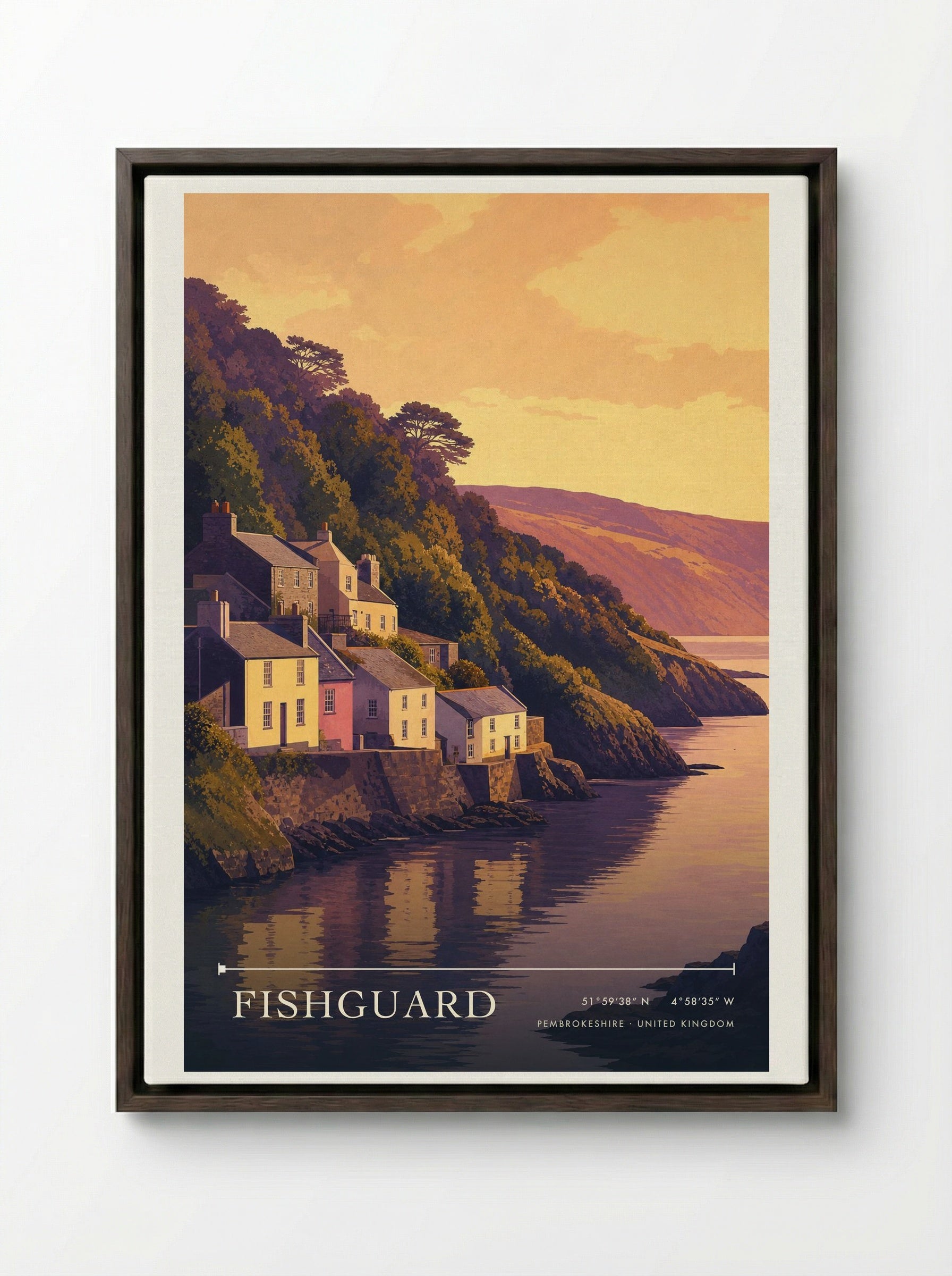 Fishguard Pembrokeshire United Kingdom Travel Poster - Framed Canvas Dark Wood