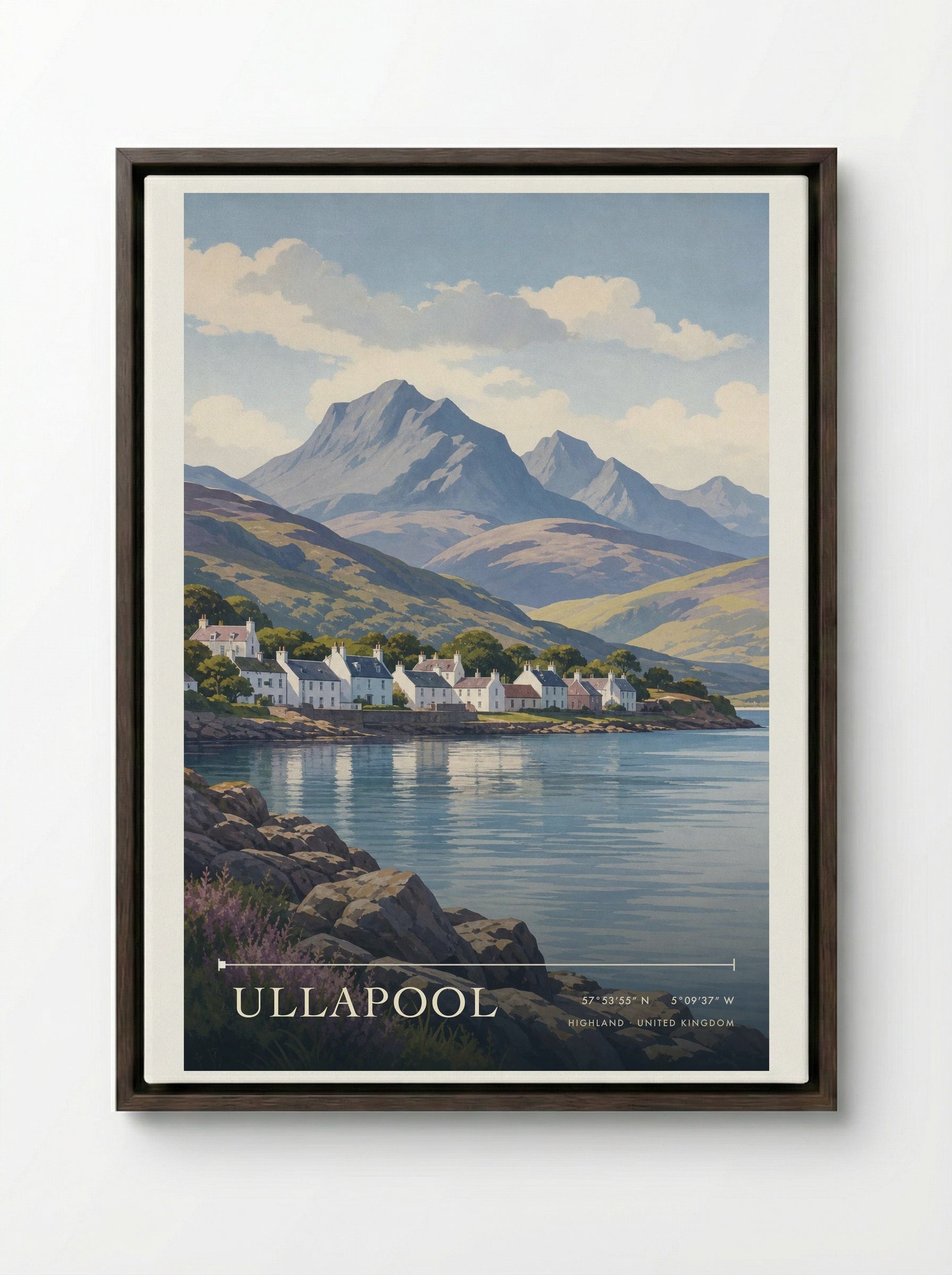 Ullapool Highland United Kingdom Travel Poster - Framed Canvas Dark Wood