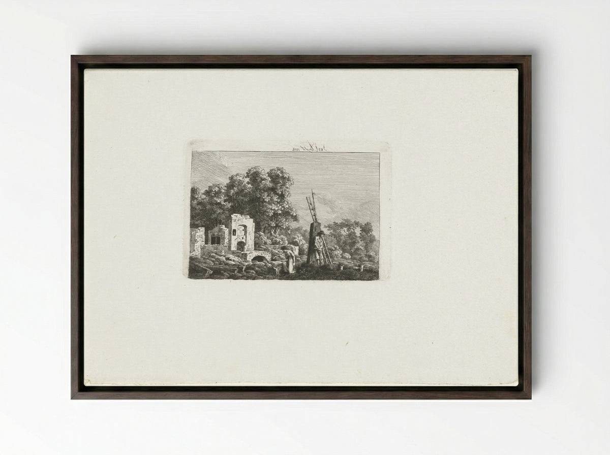 Man and Woman Contemplating the Remains of Their Burnt-Down House - Caspar David Friedrich - Framed Canvas Dark Wood