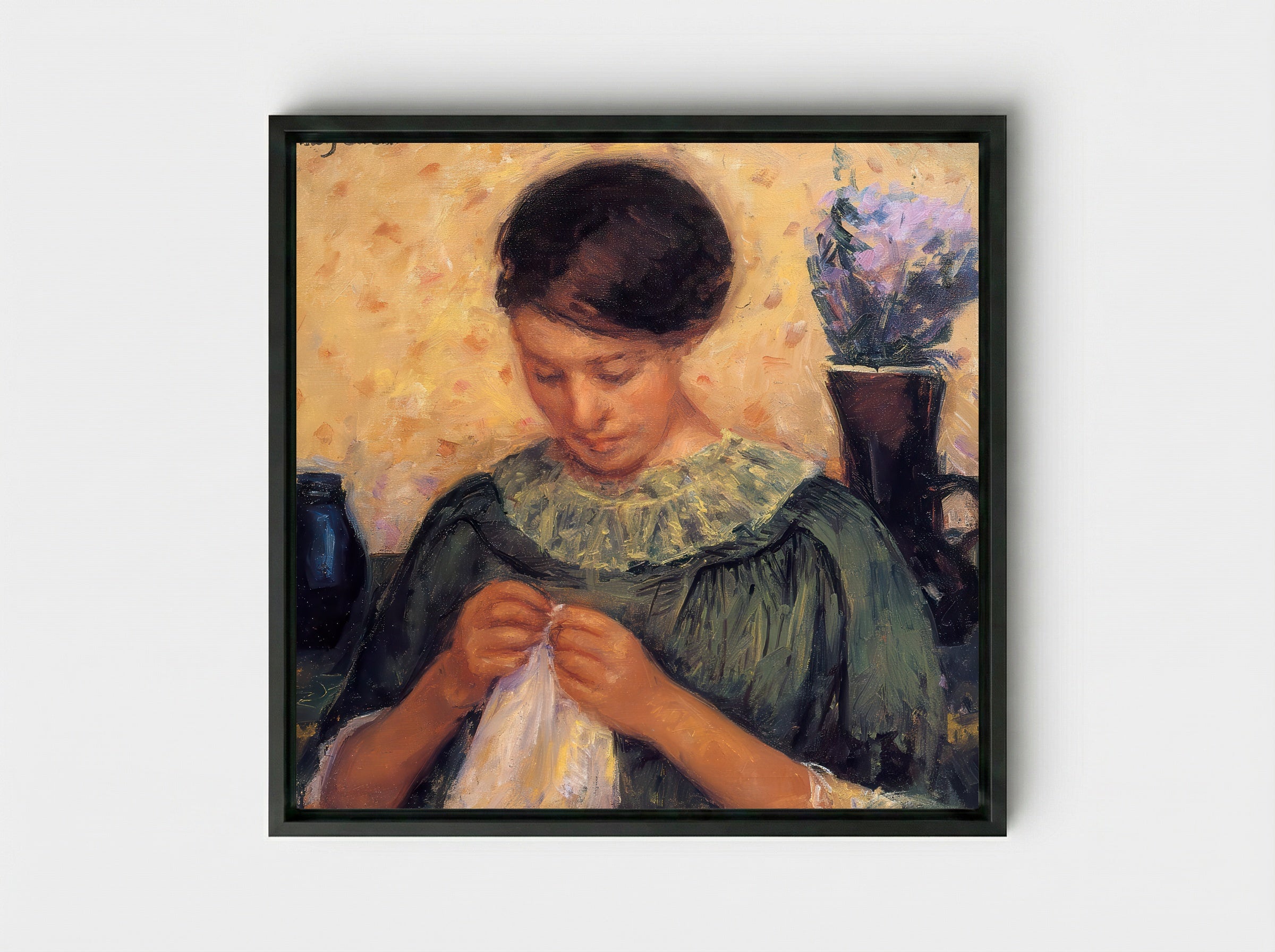 Young Woman Sewing - Mary Cassatt - Framed Canvas Black