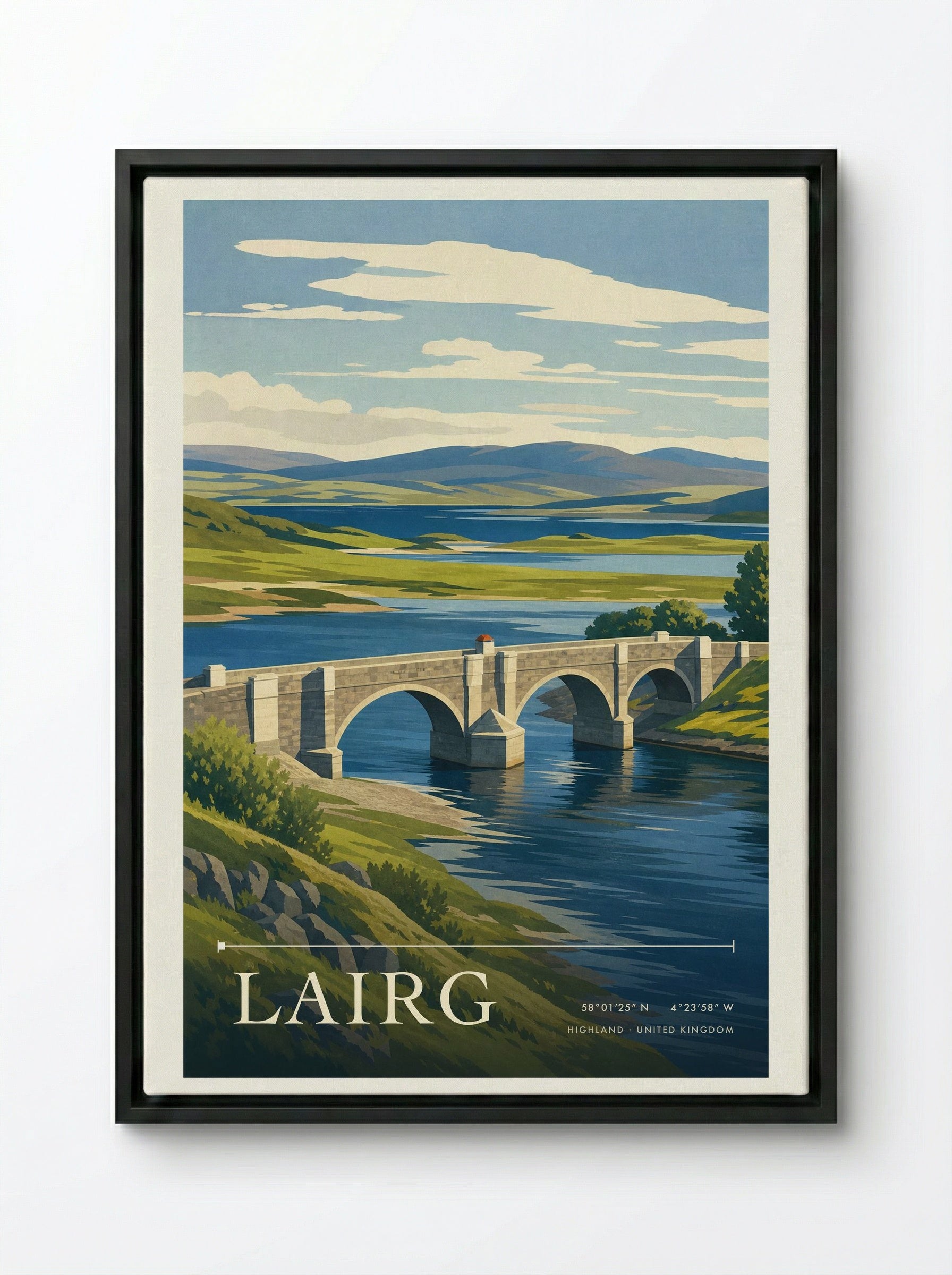 Lairg Highland United Kingdom Travel Poster - Framed Canvas Black