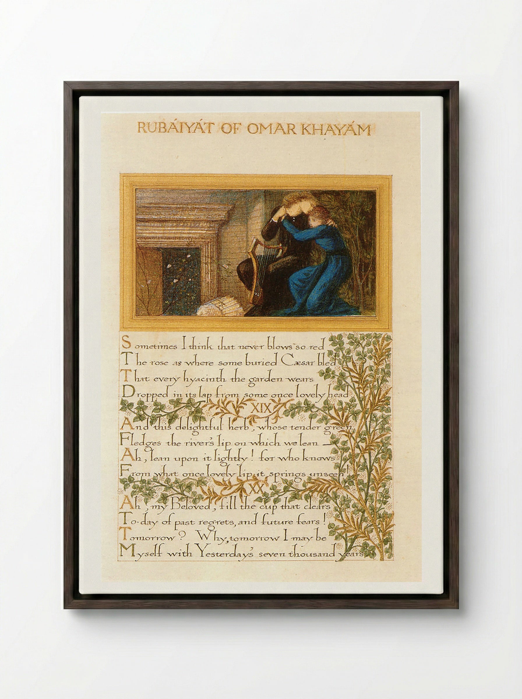 Page from The Rubaiyat of Omar Khayyam - William Morris - Framed Canvas Dark Wood