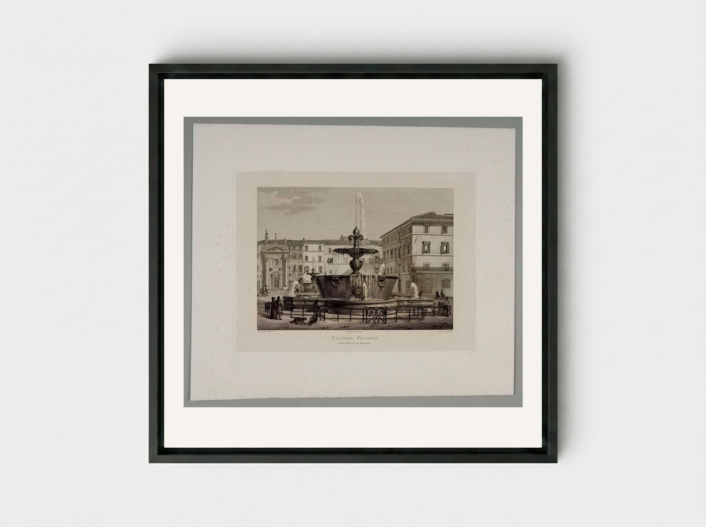 Farnese Fountain in the Piazza Farnese - Domenico Amici - Framed Canvas Black