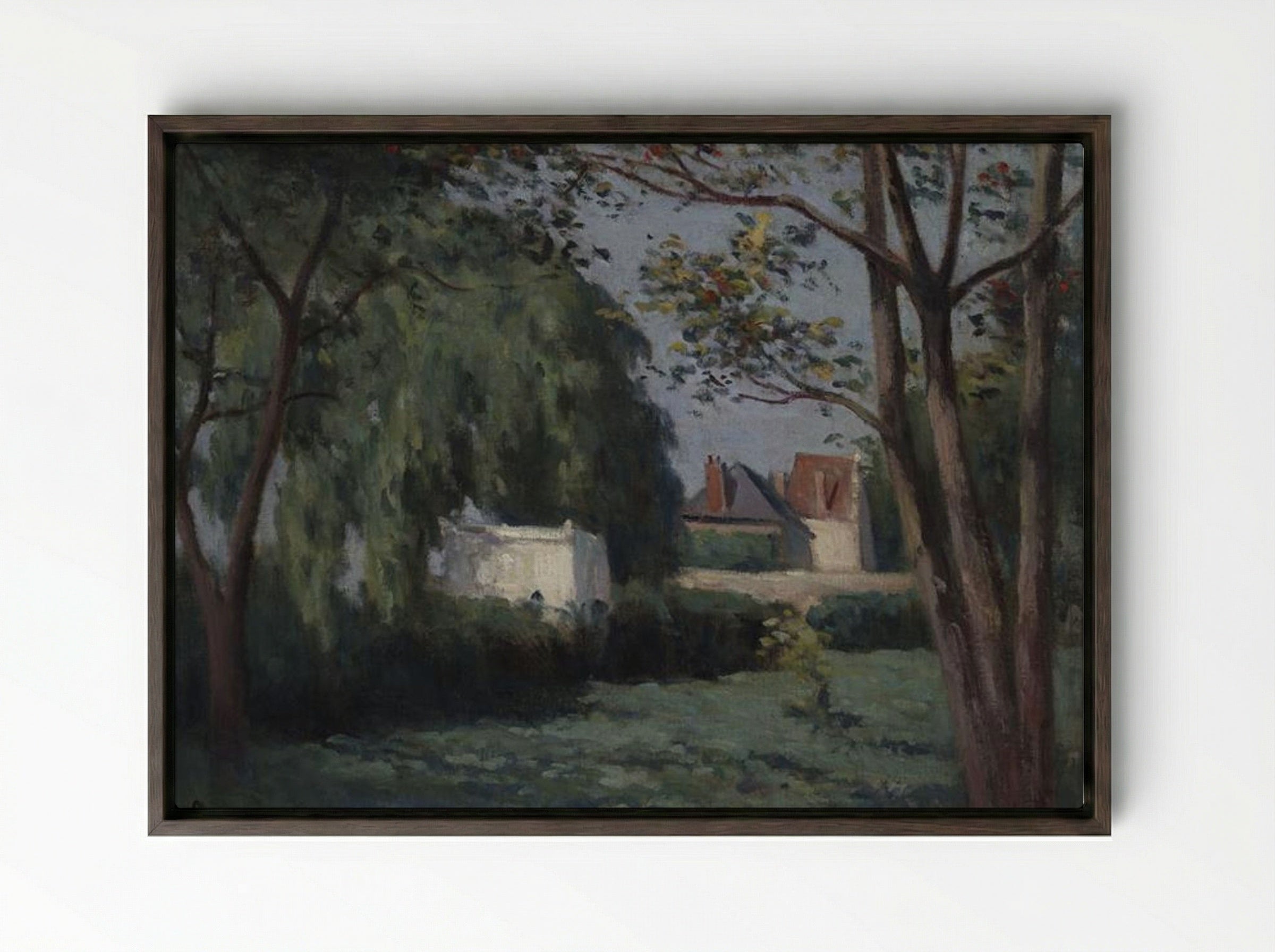 Country Scene with Three Houses and Trees - Maximilien Luce - Framed Canvas Dark Wood