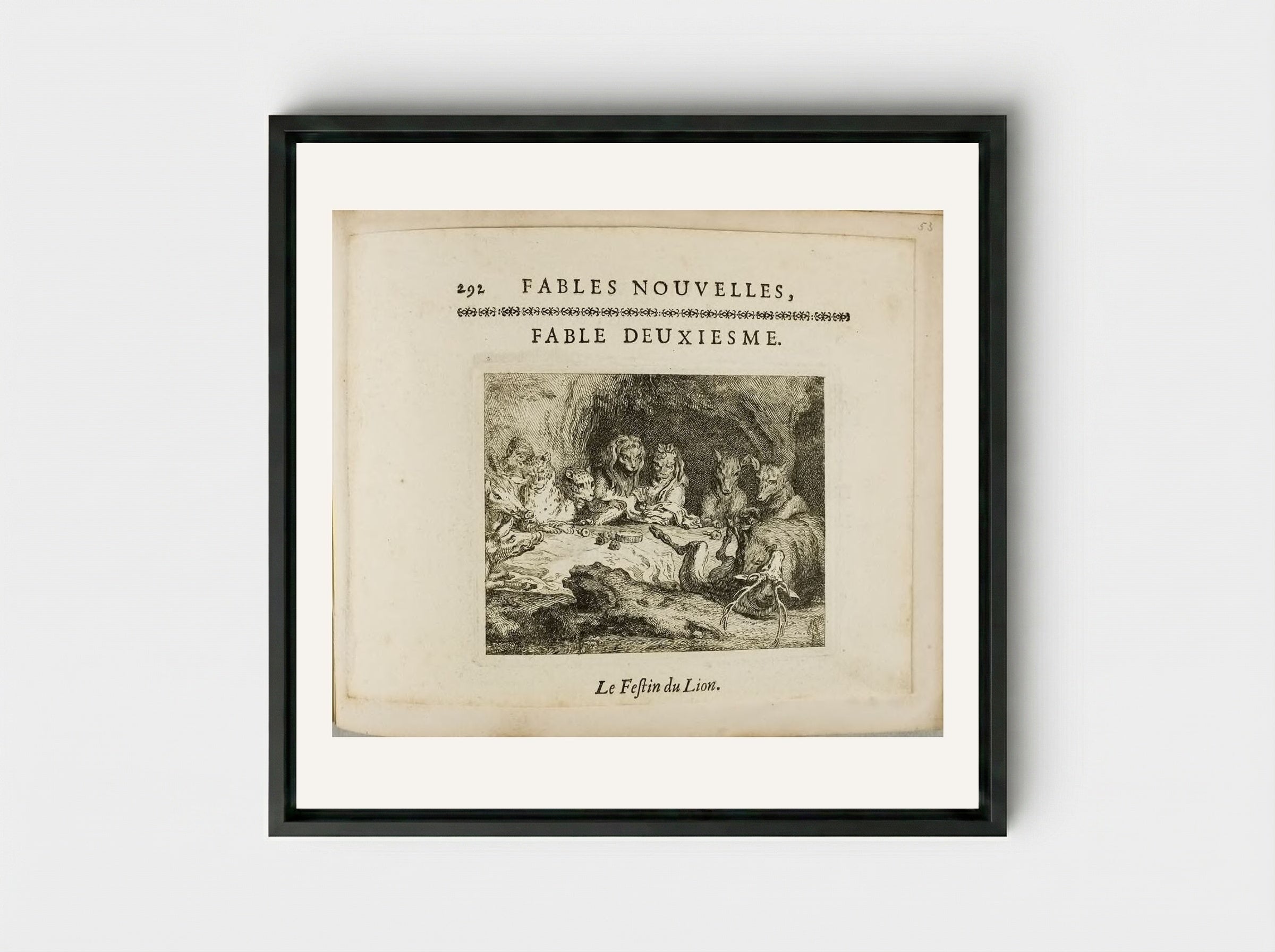 The Lion's Dinner Party - Claude Gillot - Framed Canvas Black