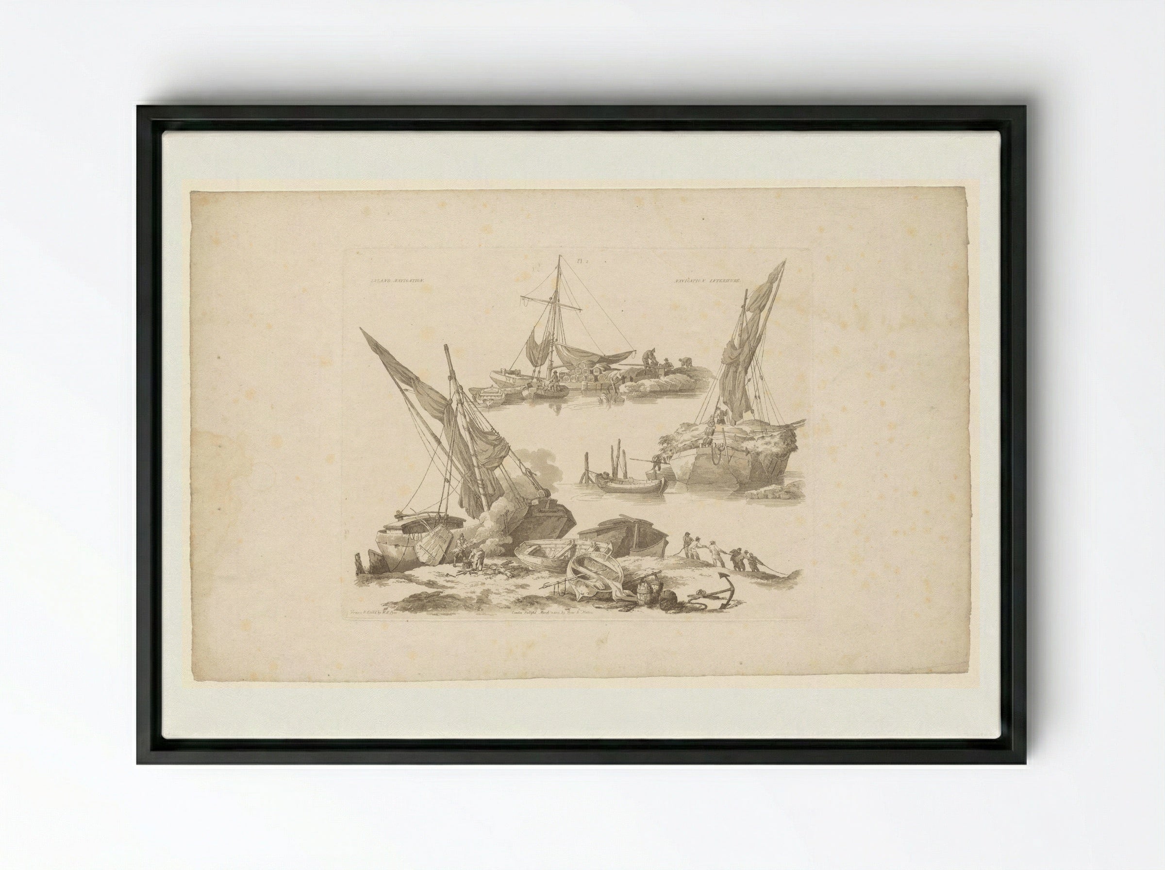 Aanlegplaatsen met vrachtschepen - John Hill - Framed Canvas Black
