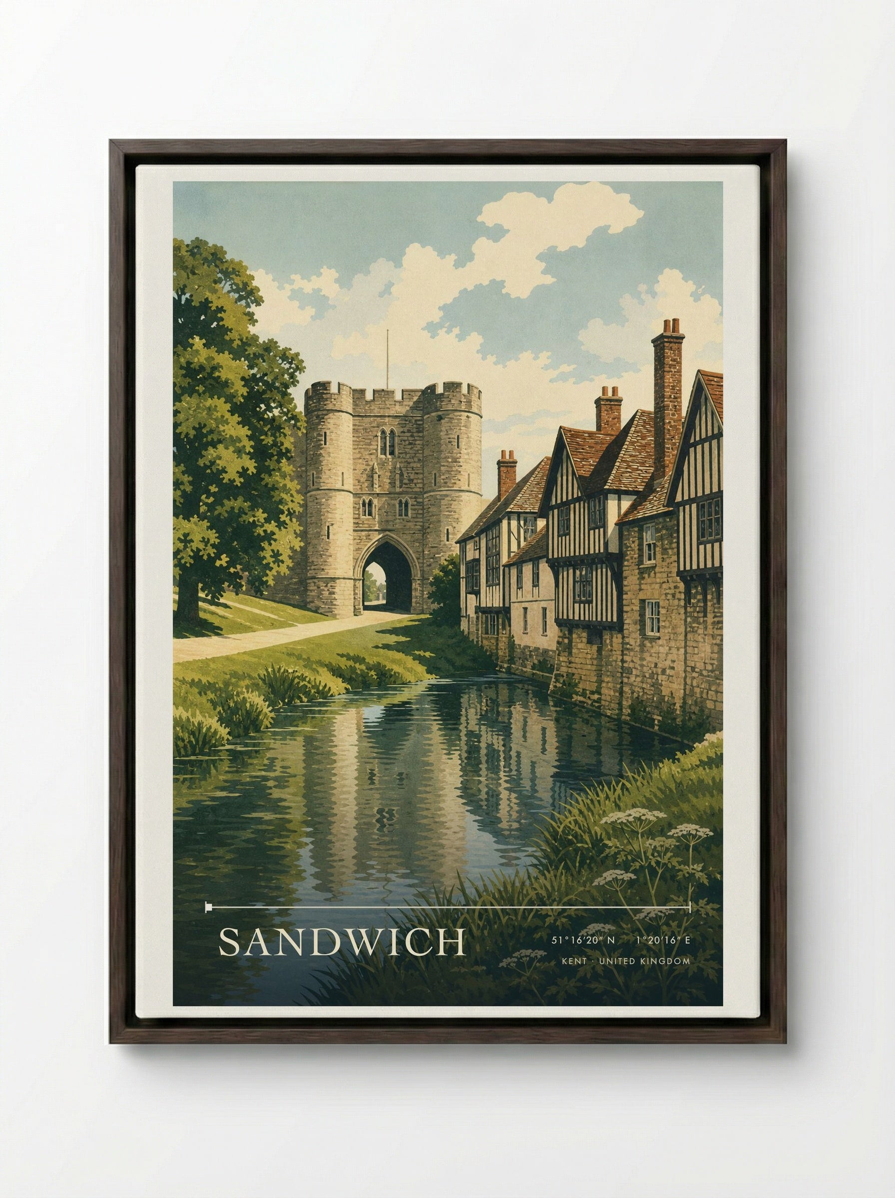 Sandwich Kent United Kingdom Travel Poster - Framed Canvas Dark Wood