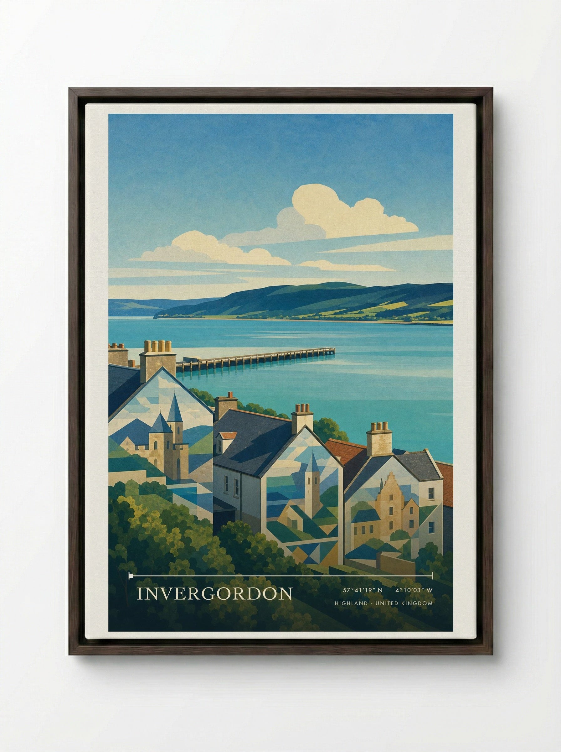 Invergordon Highland United Kingdom Travel Poster - Framed Canvas Dark Wood