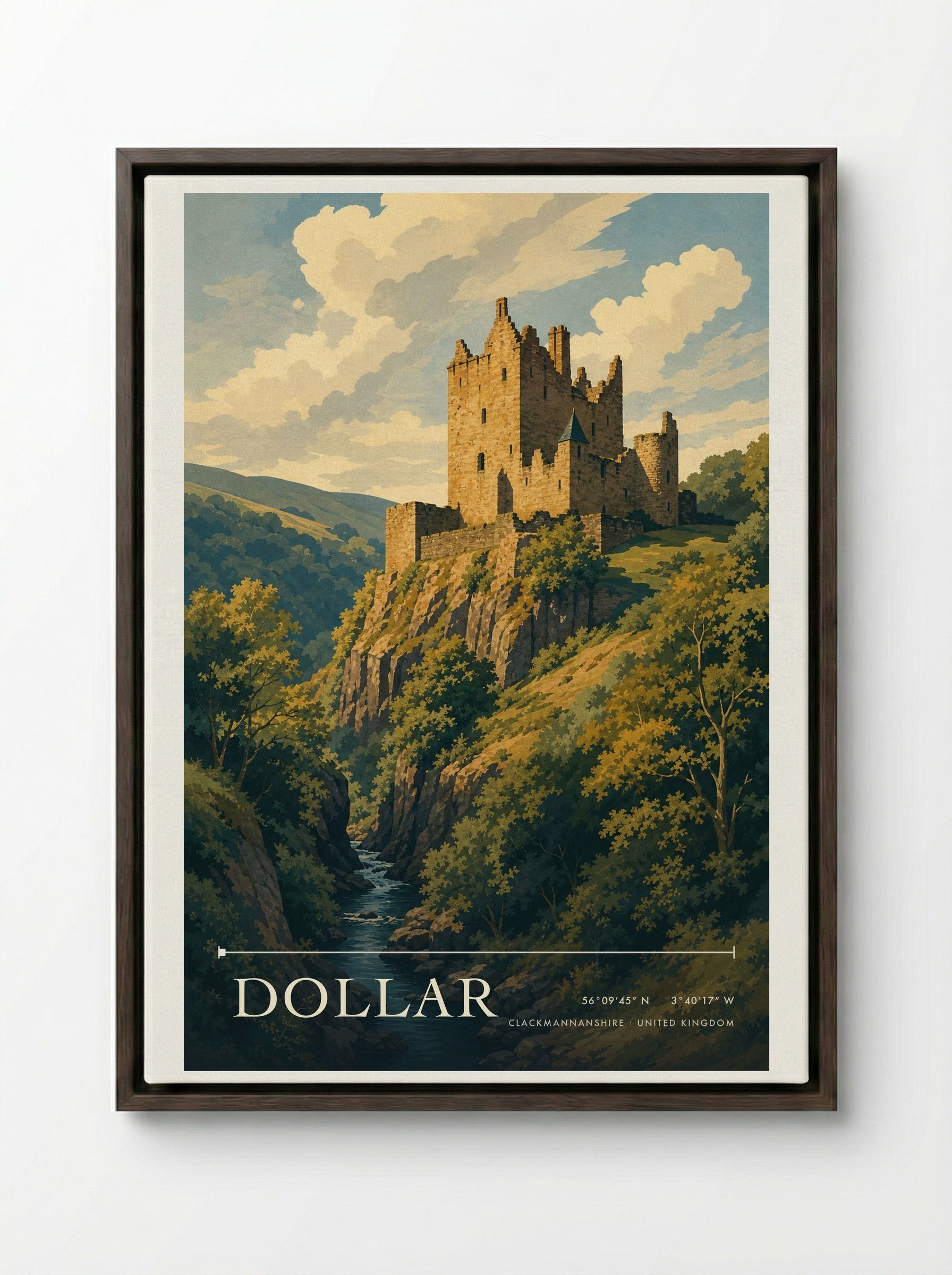 Dollar Clackmannanshire United Kingdom Travel Poster - Framed Canvas Dark Wood