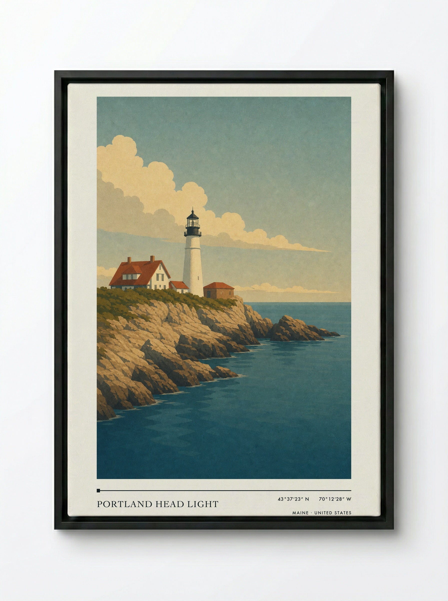 Portland Head Light Travel Poster Artwork - Framed Canvas Black