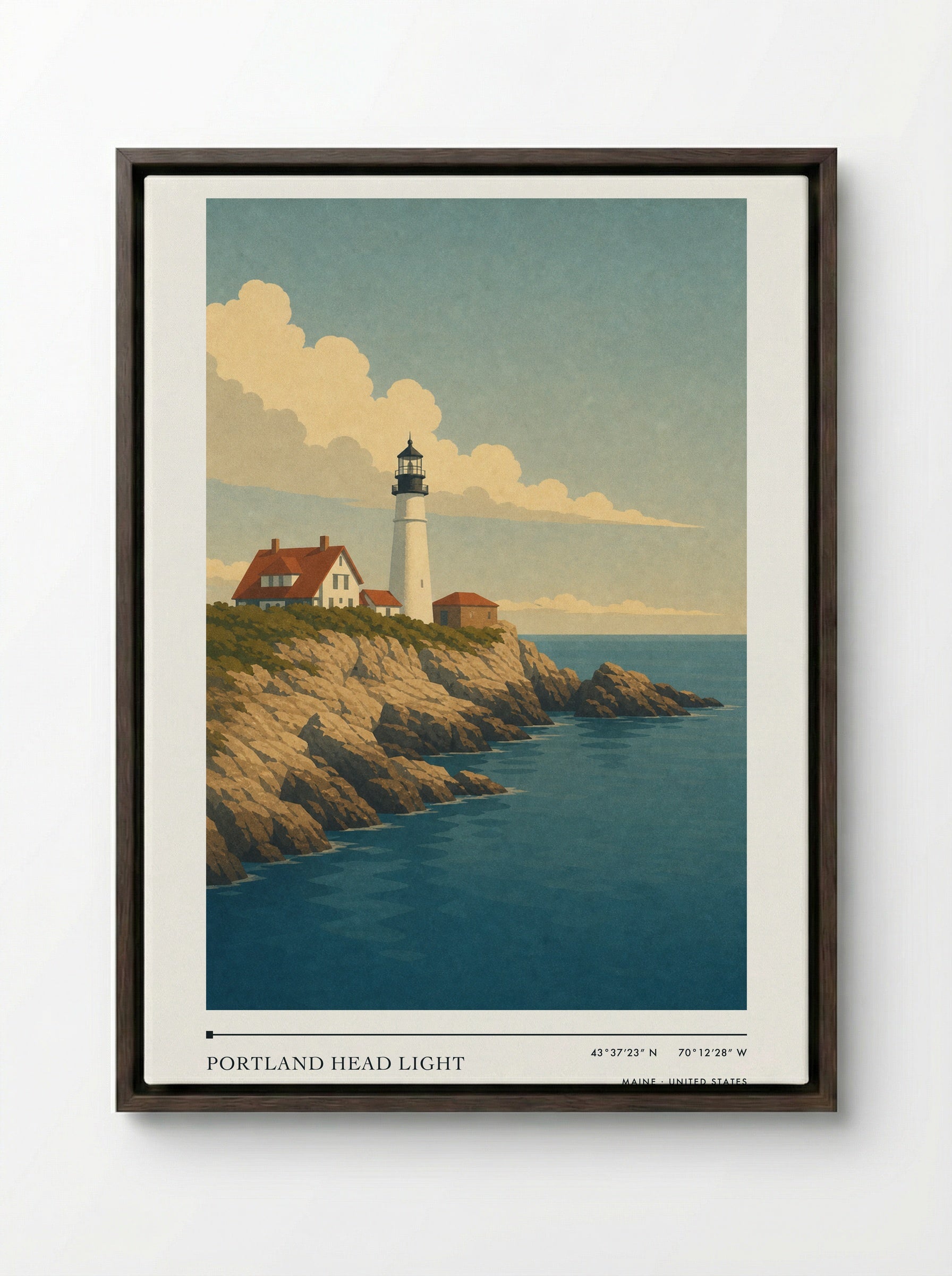 Portland Head Light Travel Poster Artwork - Framed Canvas Dark Wood