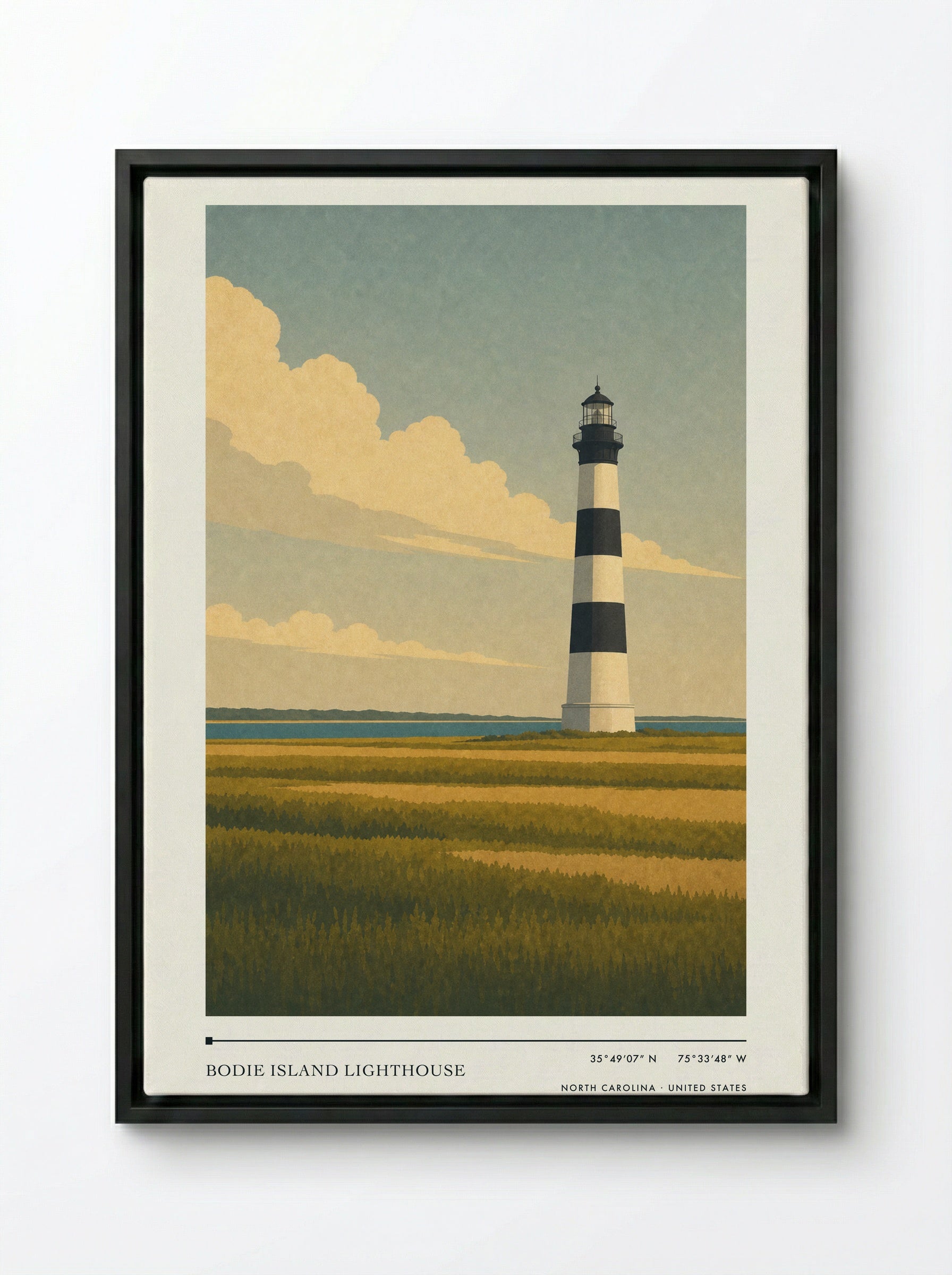 Bodie Island Lighthouse Travel Poster Artwork - Framed Canvas Black
