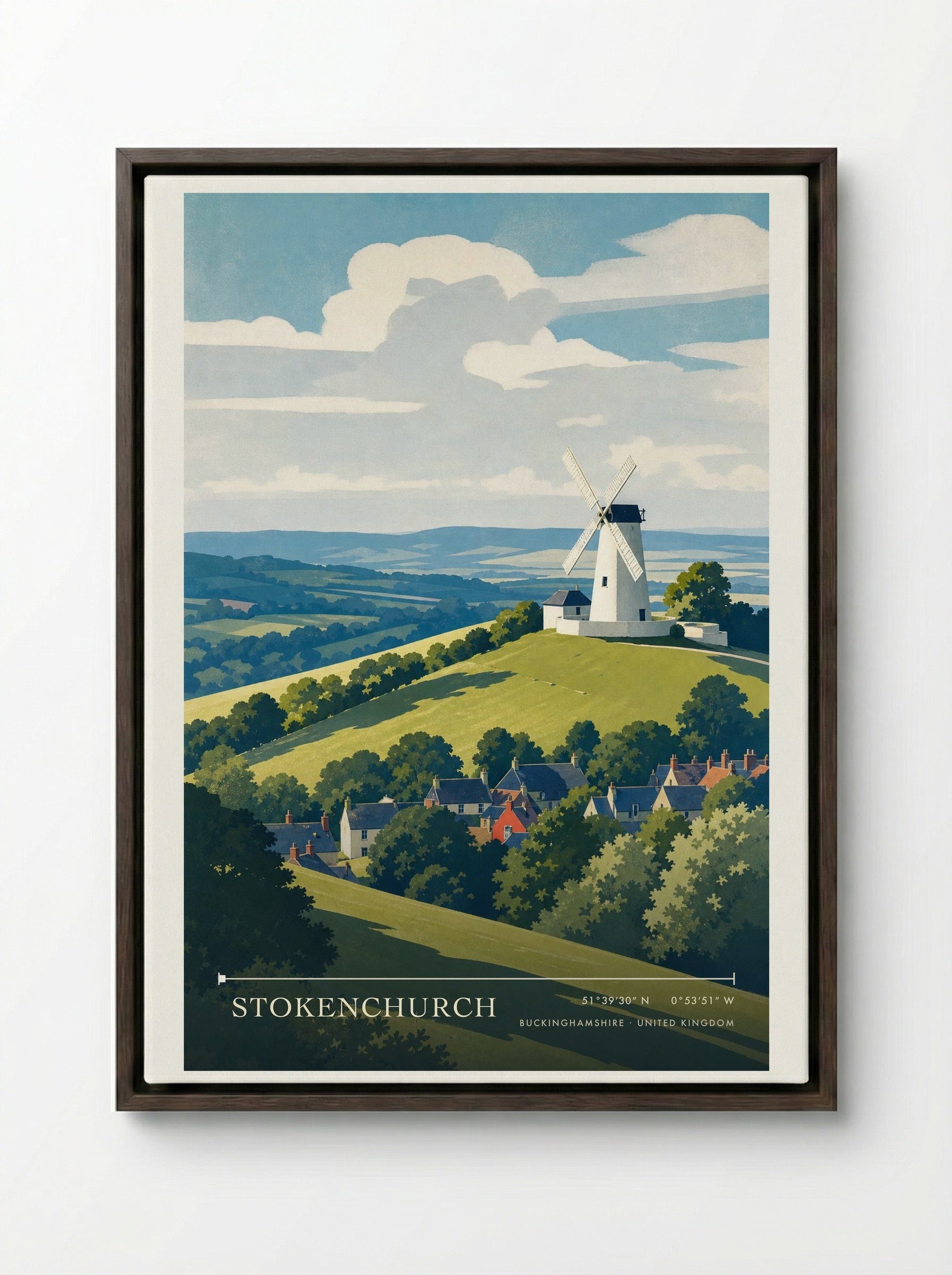 Stokenchurch Buckinghamshire United Kingdom Travel Poster - Framed Canvas Dark Wood