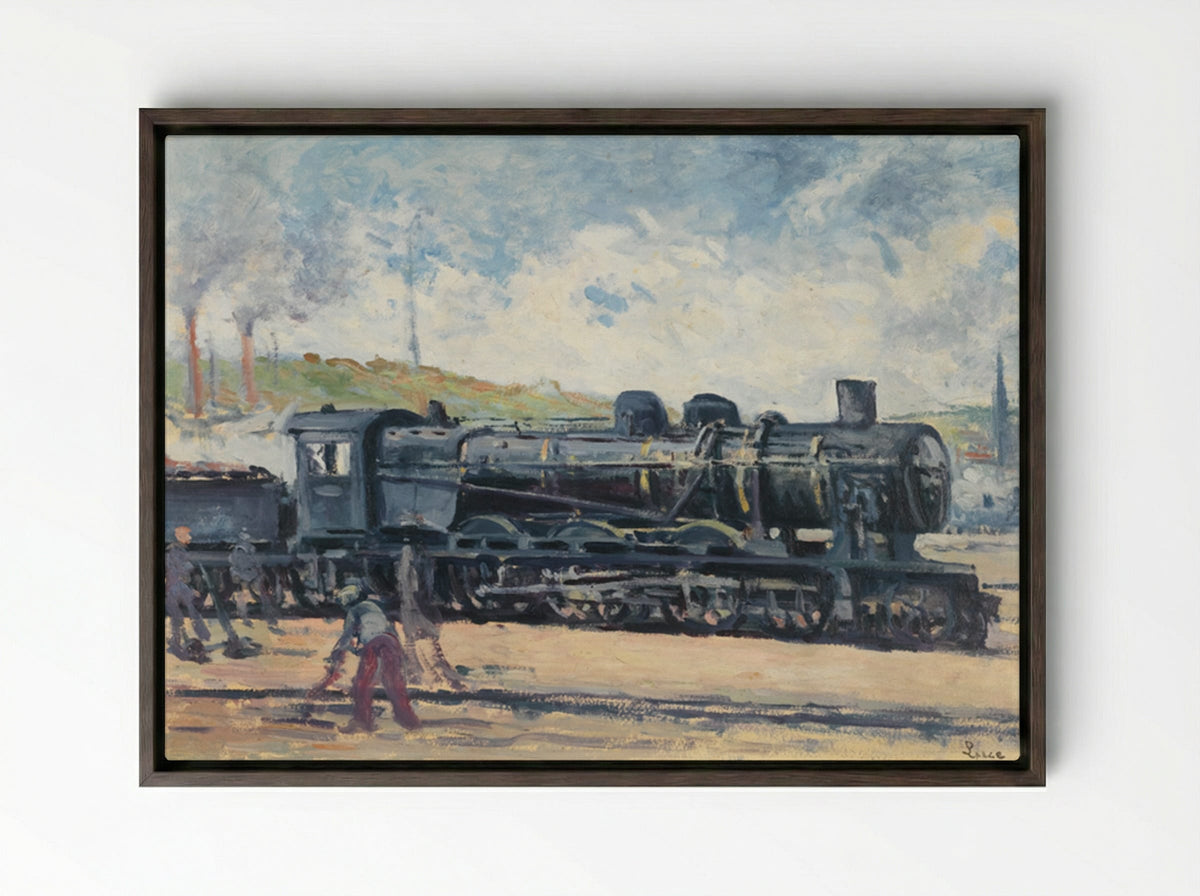 La Locomotive, Environs De Charleroi - Maximilien Luce - Framed Canvas Dark Wood