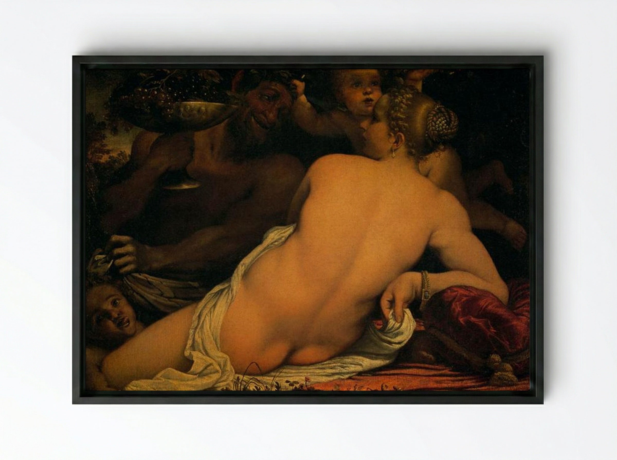 Venus with a Satyr and Cupids - Annibale Carracci - Framed Canvas Black