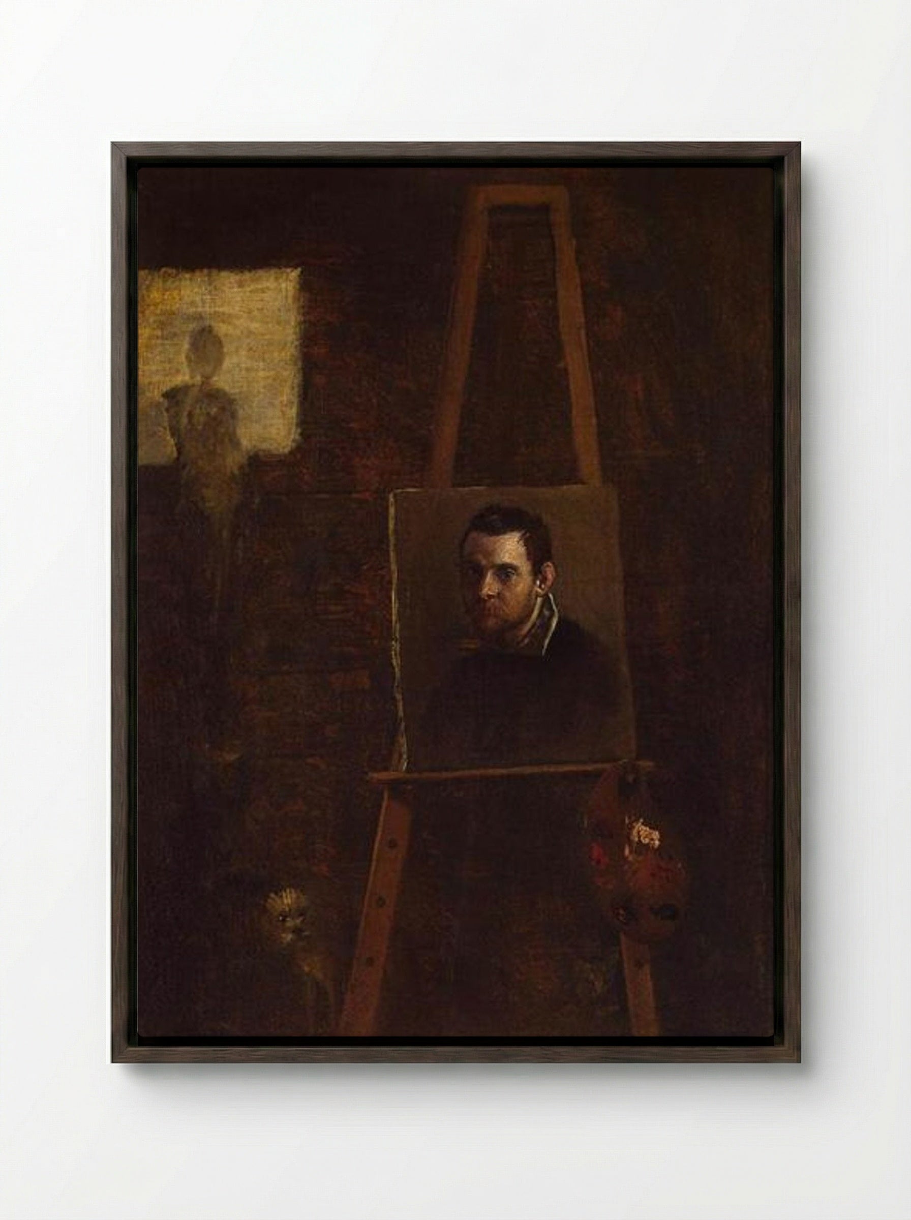 Self-portrait on an Easel in a Workshop - Annibale Carracci - Framed Canvas Dark Wood