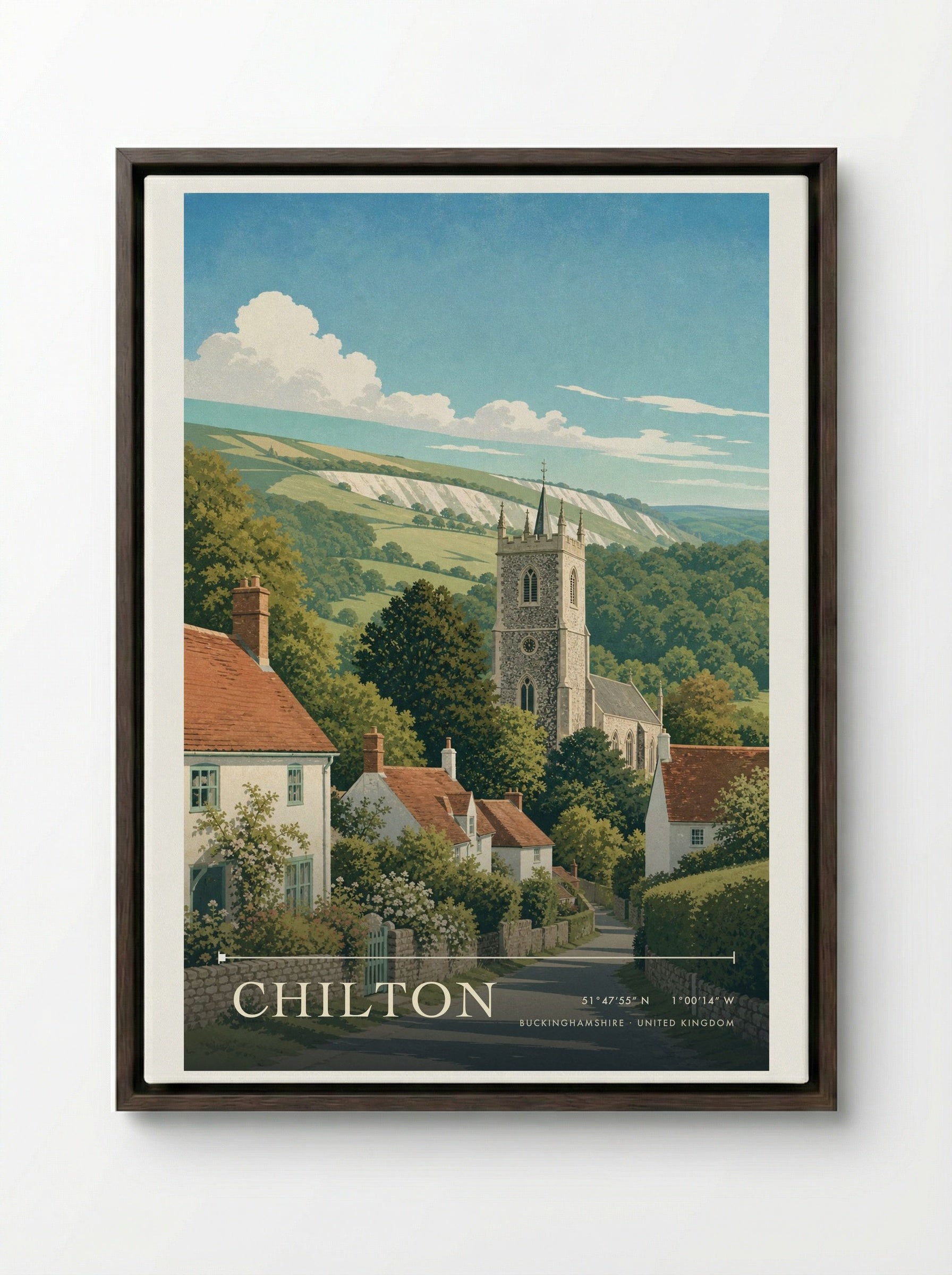 Chilton Buckinghamshire United Kingdom Travel Poster - Framed Canvas Dark Wood