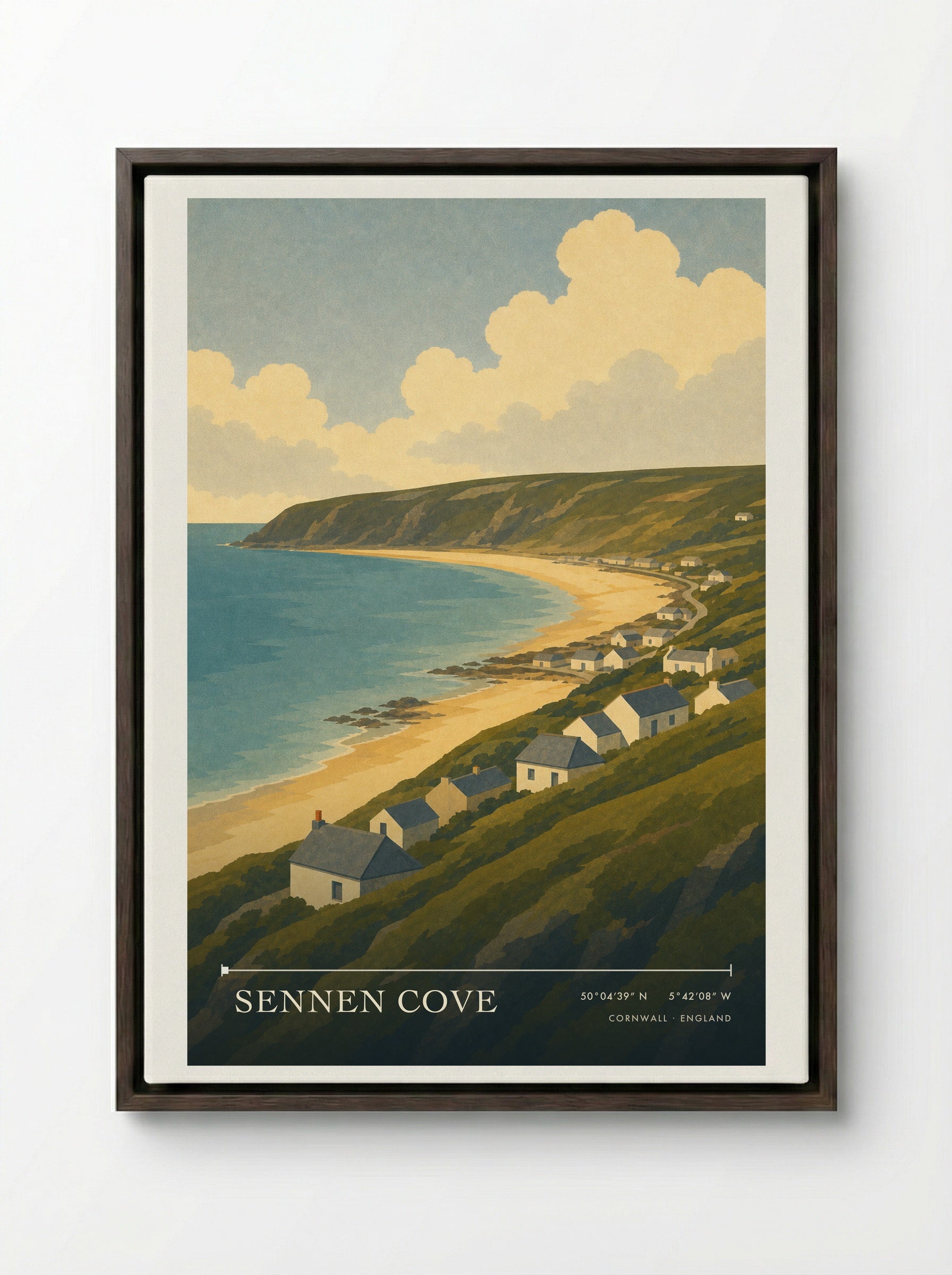 Sennen Cove Cornwall Travel Poster - Framed Canvas Dark Wood