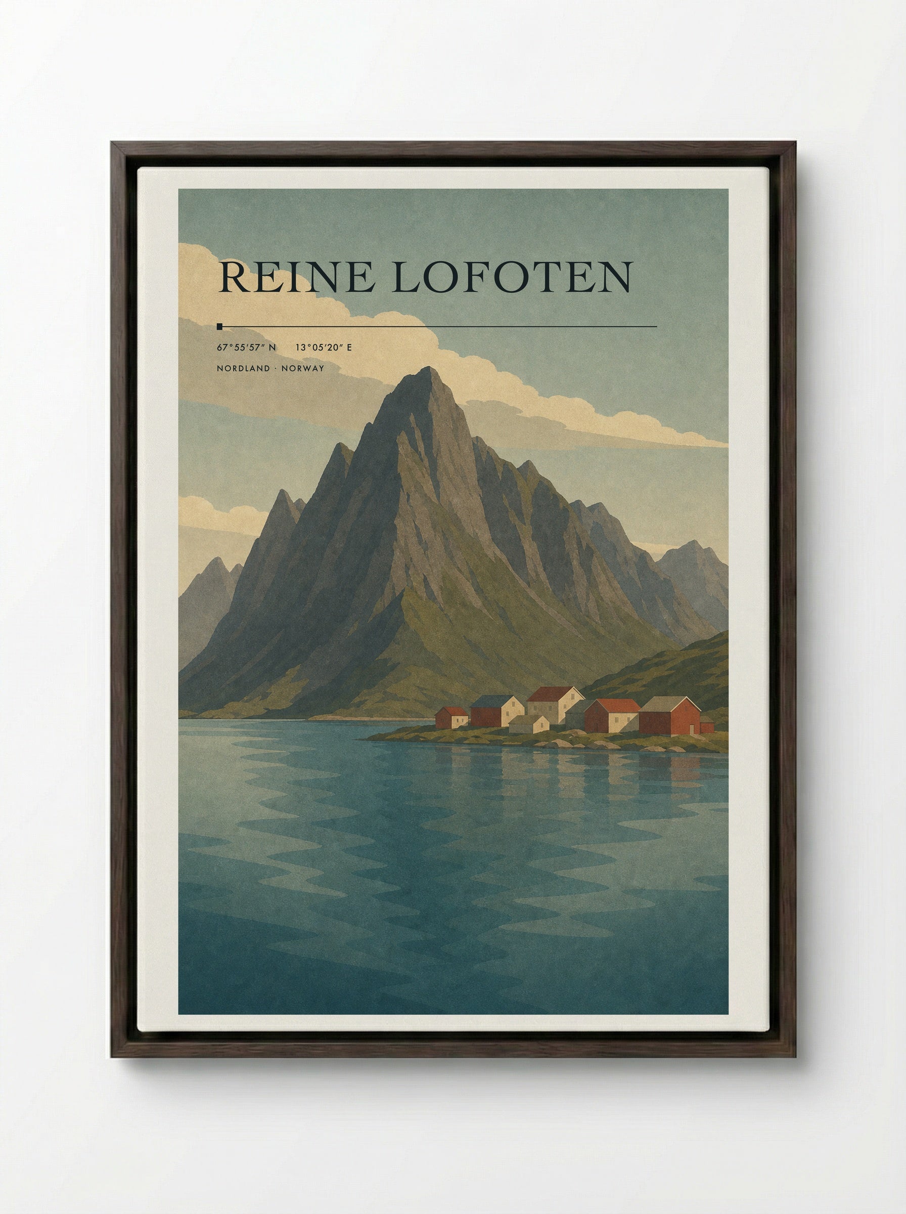 Reine Lofoten Travel Poster Artwork - Framed Canvas Dark Wood