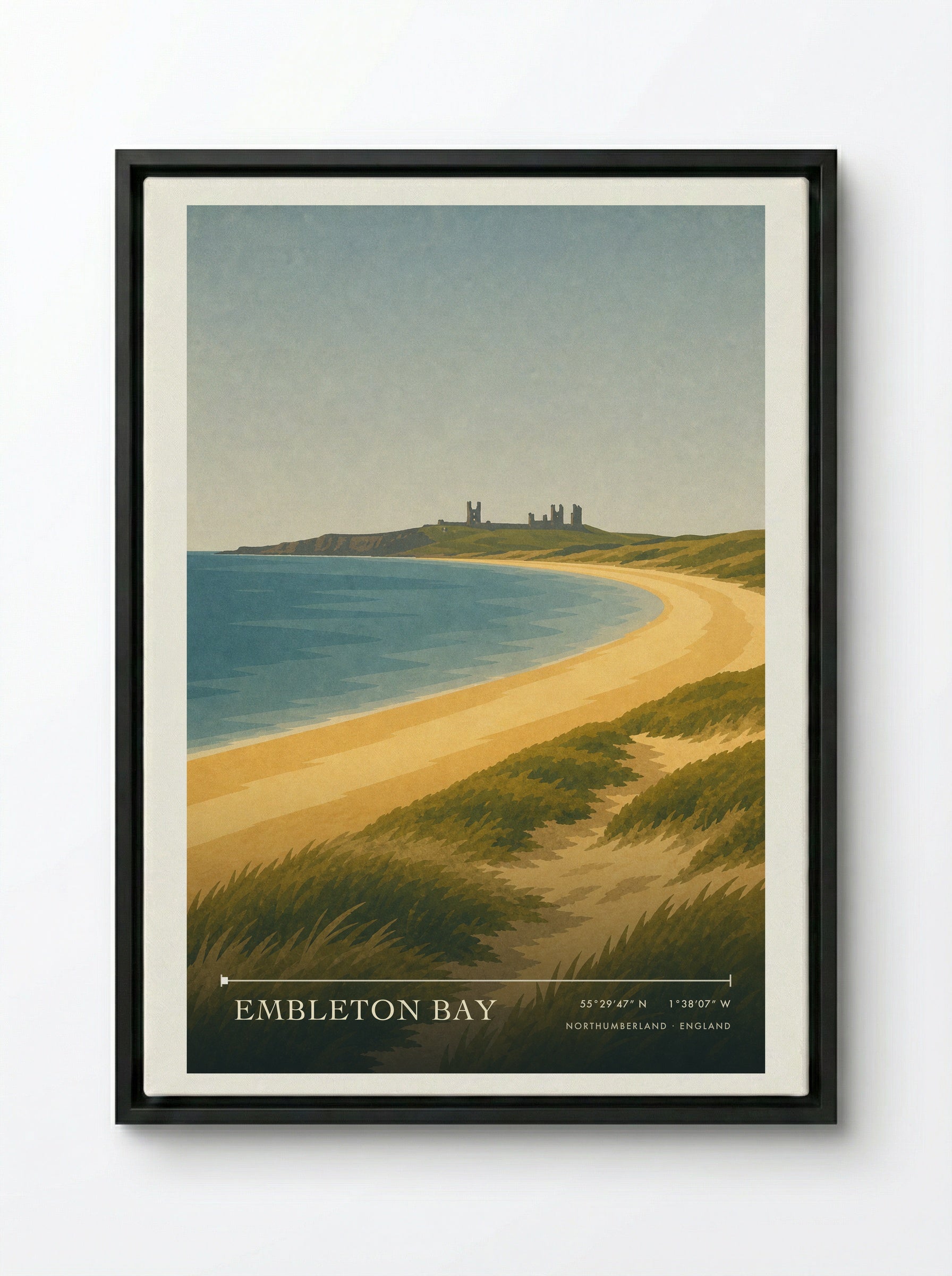 Embleton Bay Northumberland Travel Poster - Framed Canvas Black