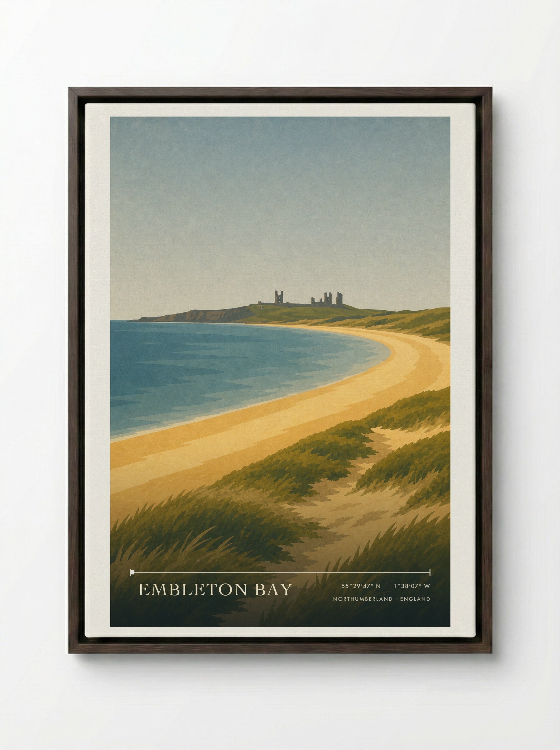Embleton Bay Northumberland Travel Poster - Framed Canvas Dark Wood